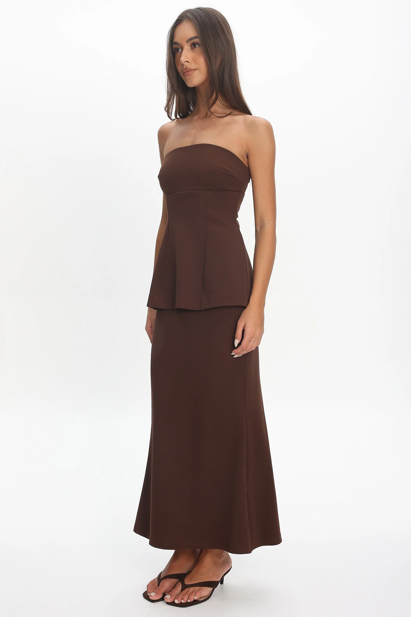 Vicci Strapless Flared Waist Maxi Dress Chocolate - Image 5