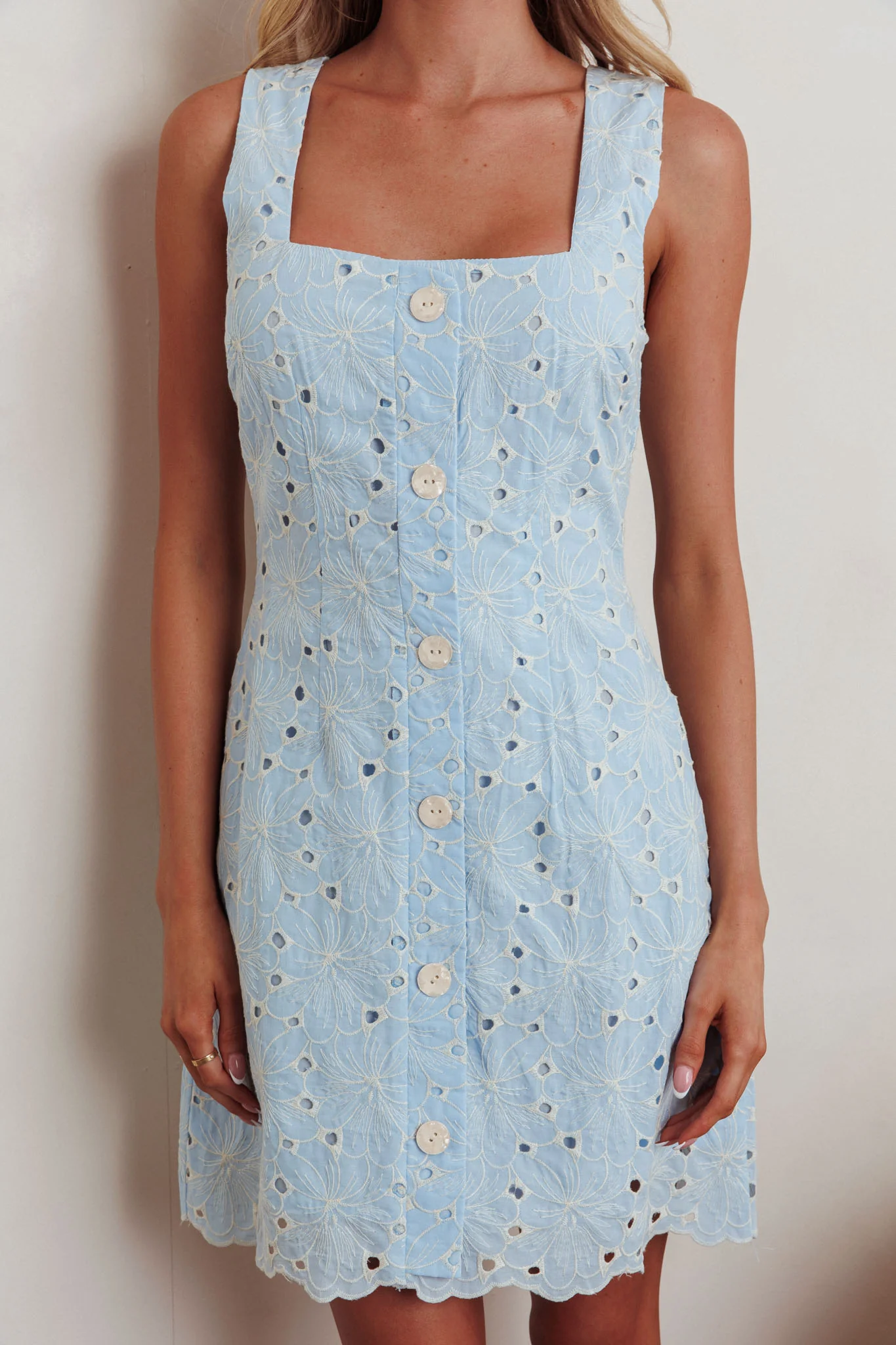 Villanelle Faux Button Placket Eyelet Mini Dress Blue - Image 3