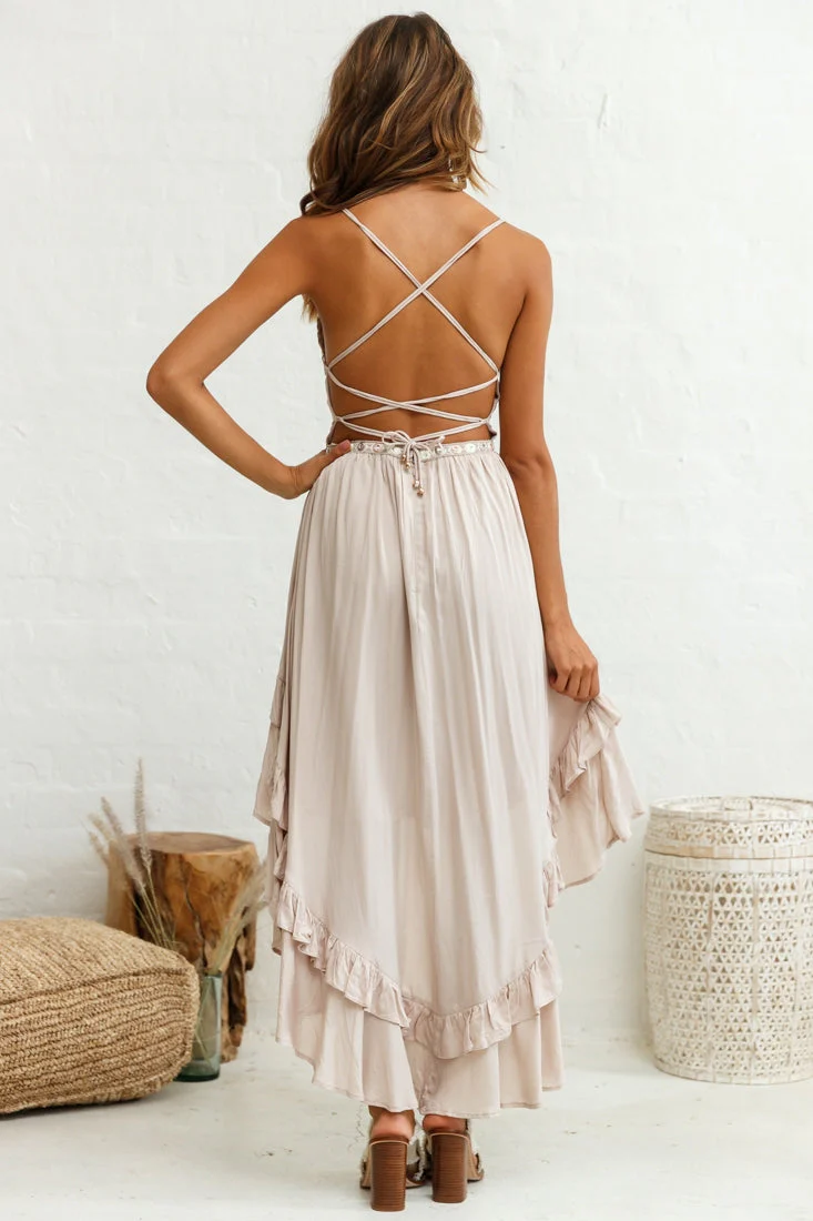 Virgo High-Low Hem Lace-Up Dress Beige - Image 3