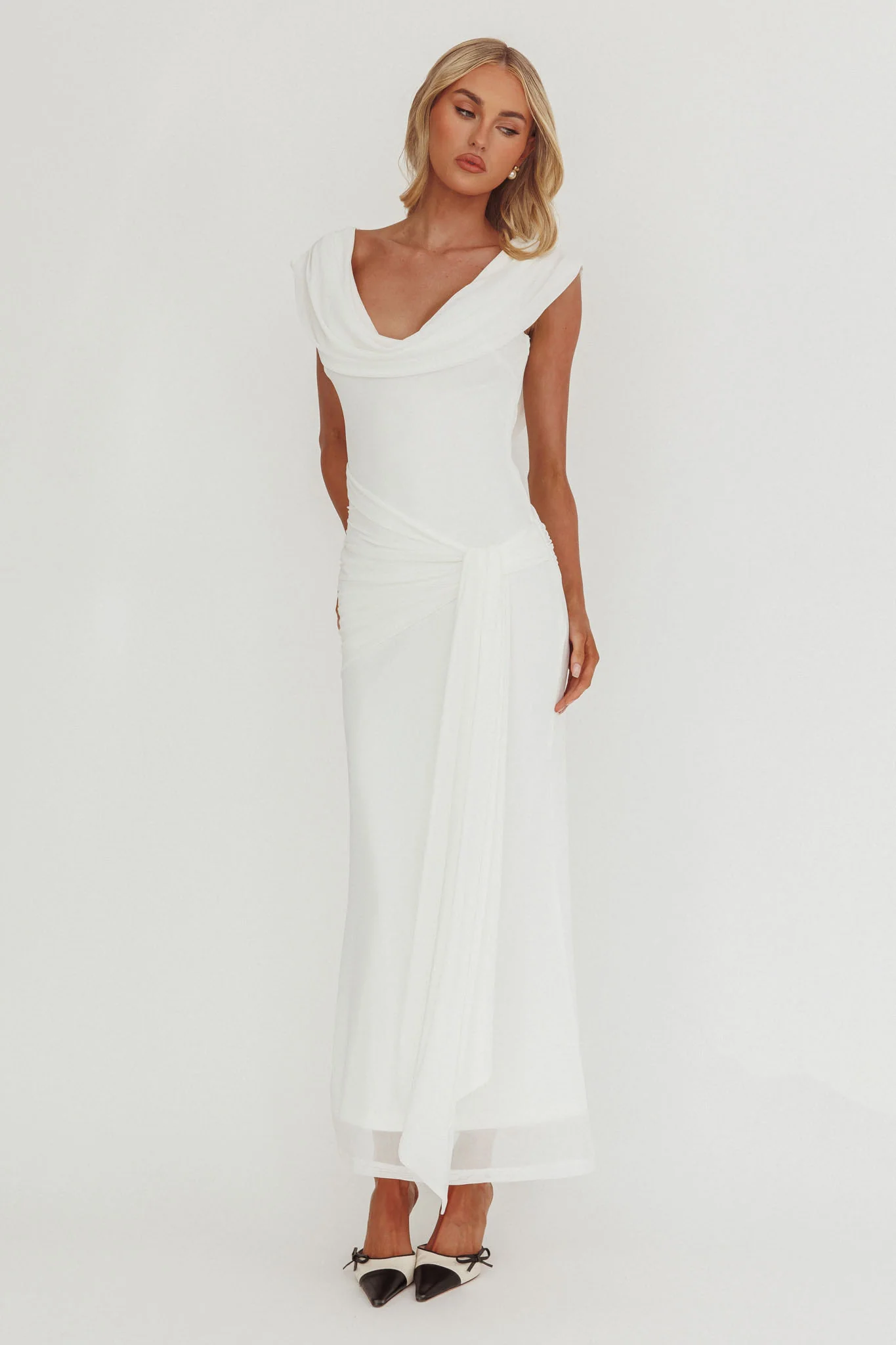 Virgo Season Draped Shoulder Maxi Dress White - Image 4