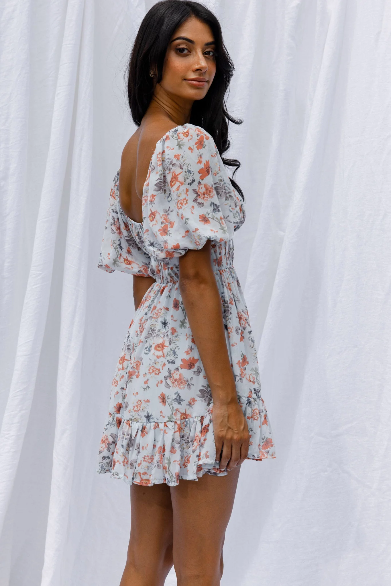 Vista Del Mar Tied Bust Mini Dress Floral Steel Blue - Image 2