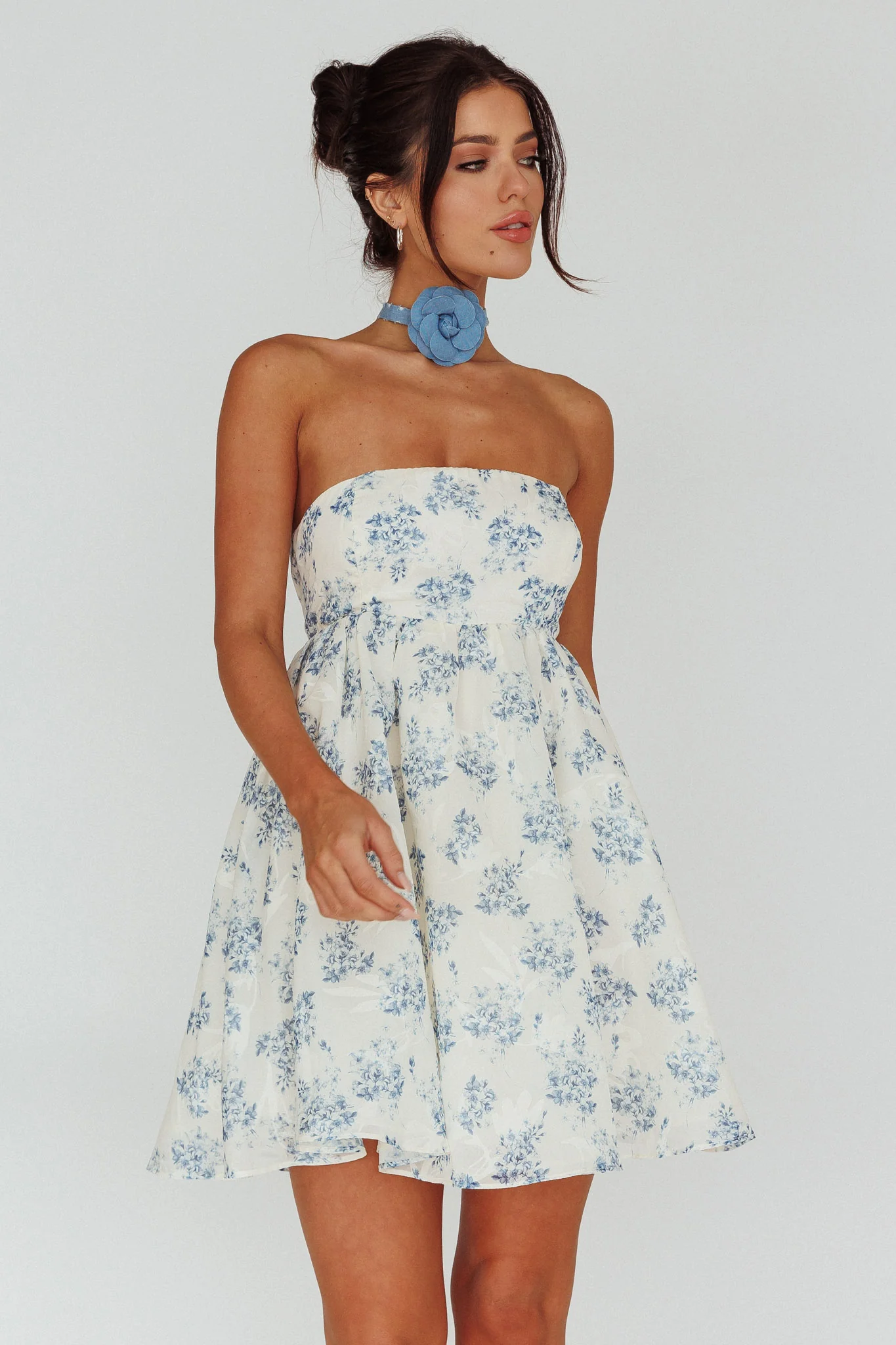 Vitoria Strapless Babydoll Dress Floral Blue - Image 10