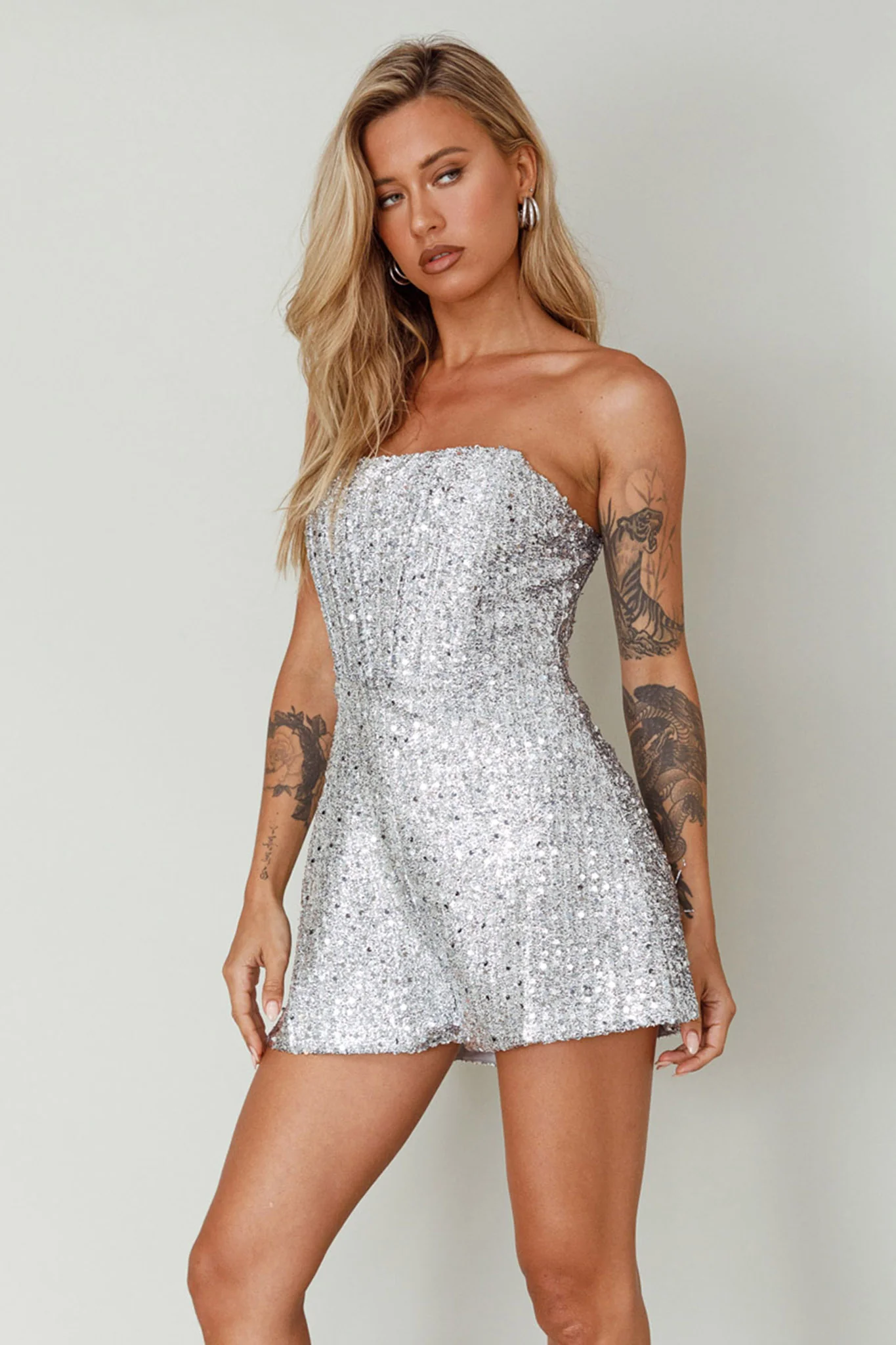 Vivid Dreams Strapless Sequin Romper Silver - Image 7