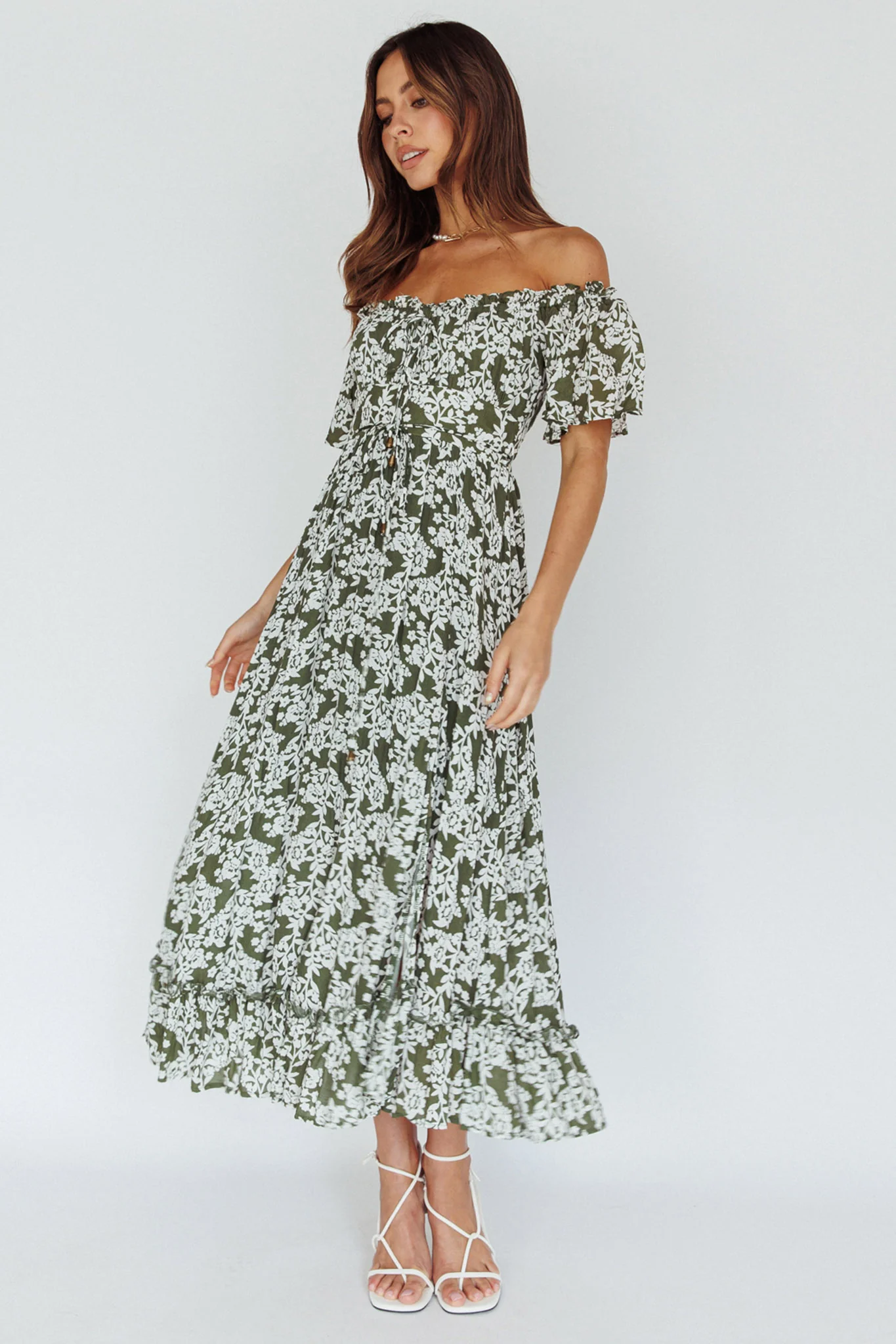 Voyager Off-Shoulder Bell Sleeve Midi Dress Floral Green - Image 3