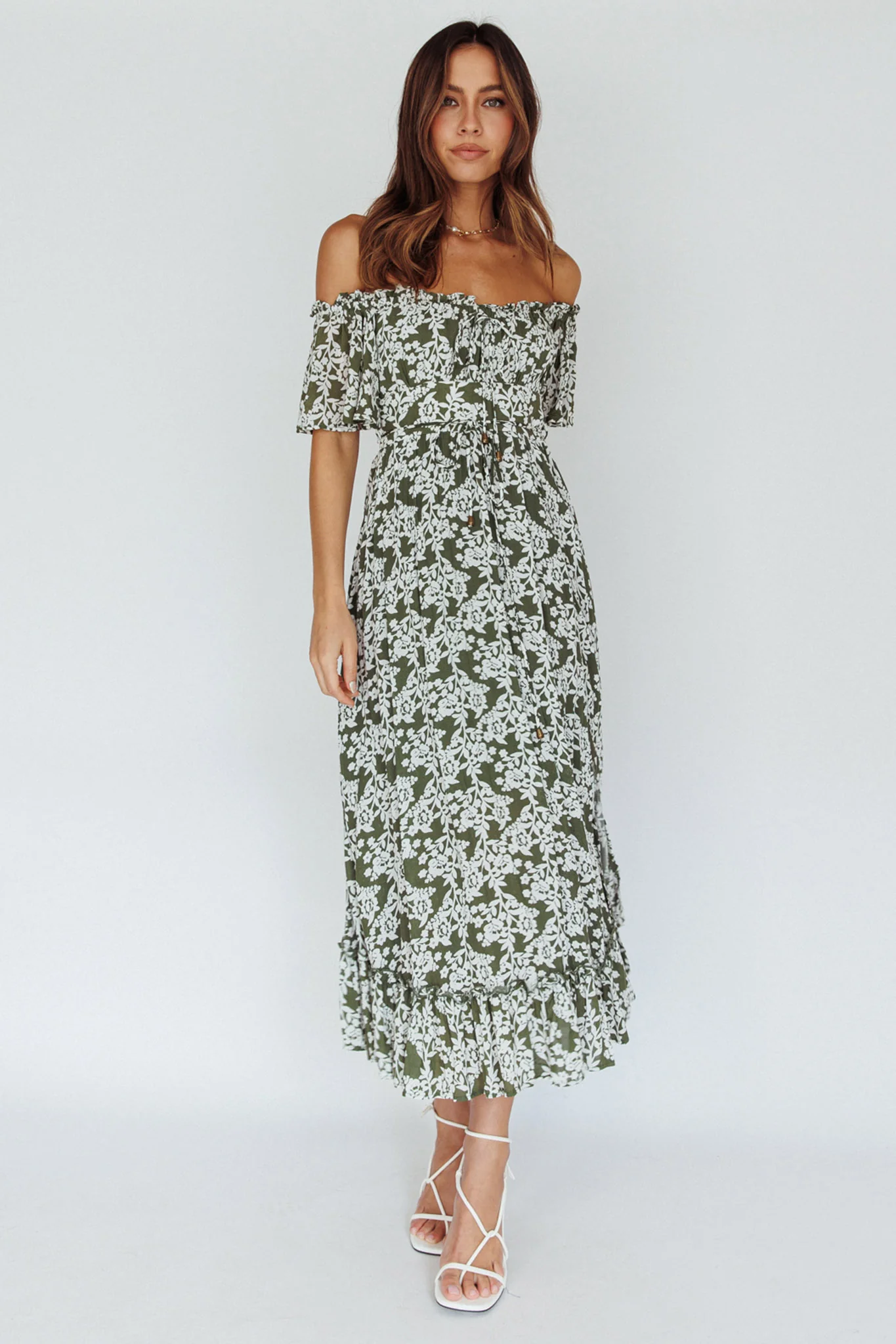 Voyager Off-Shoulder Bell Sleeve Midi Dress Floral Green - Image 5