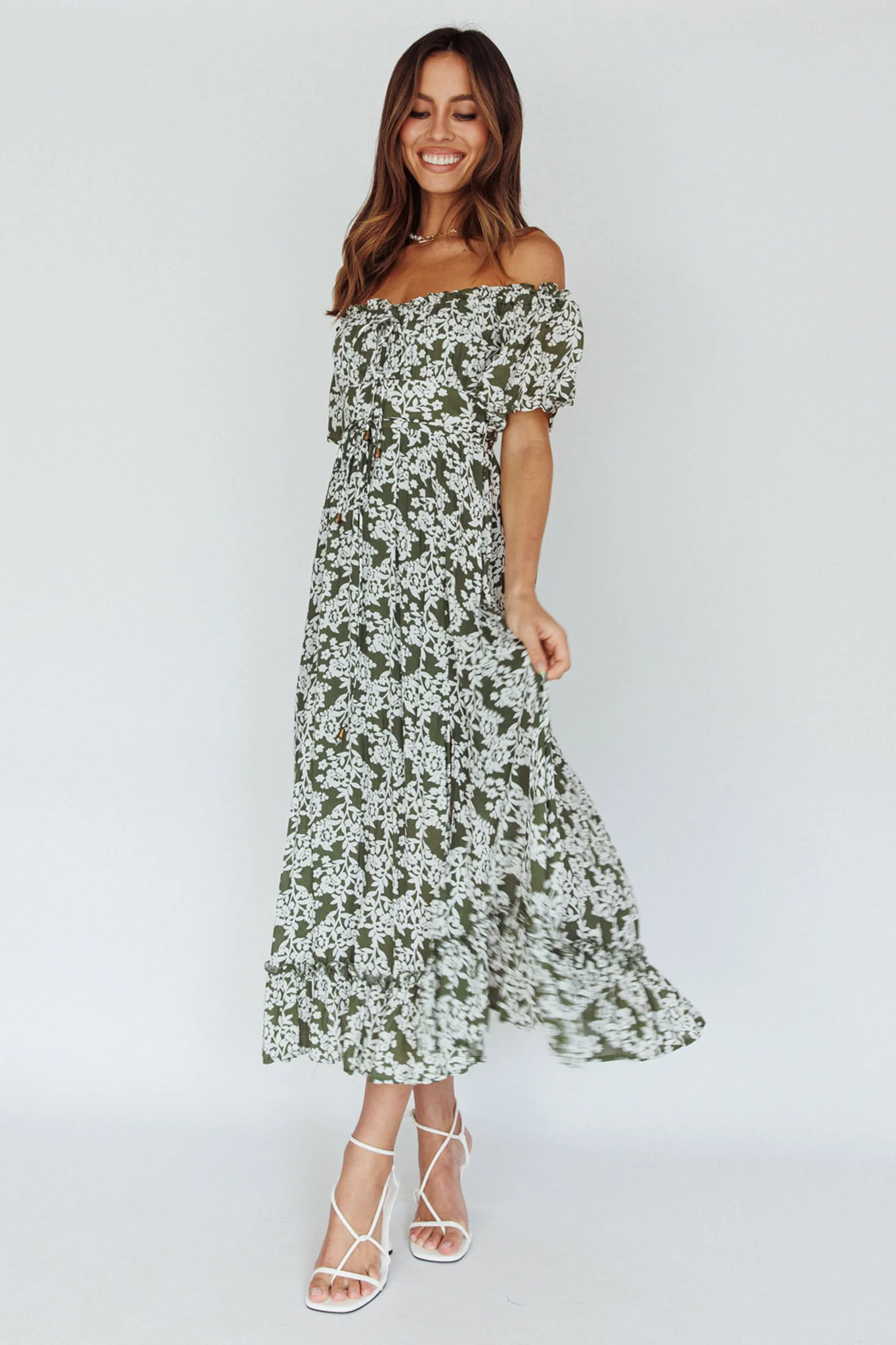 Voyager Off-Shoulder Bell Sleeve Midi Dress Floral Green - Image 6