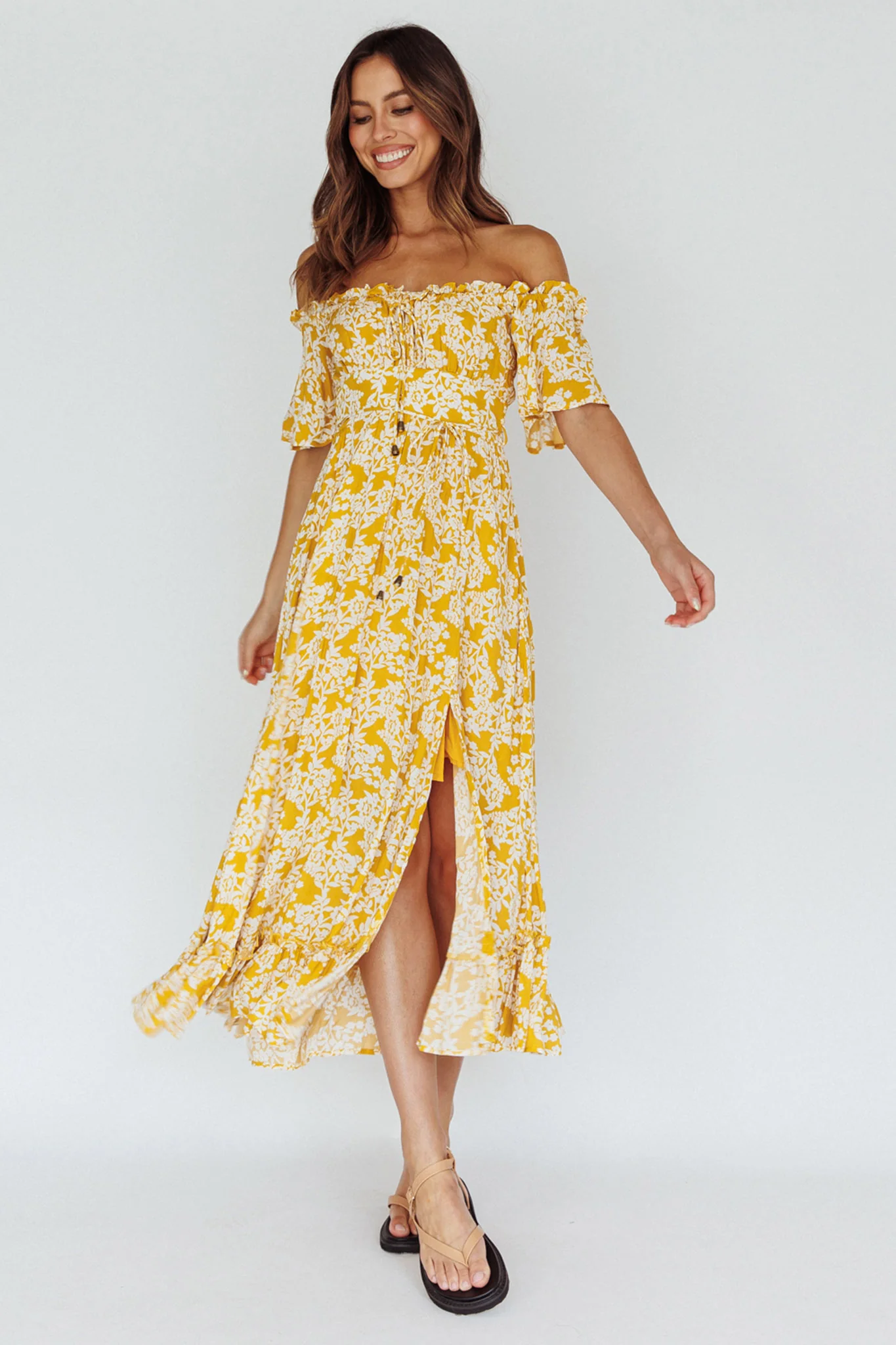 Voyager Off-Shoulder Bell Sleeve Midi Dress Floral Yellow - Image 3