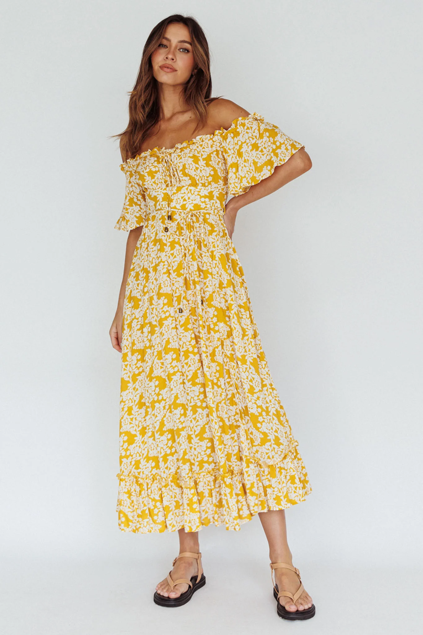 Voyager Off-Shoulder Bell Sleeve Midi Dress Floral Yellow - Image 5