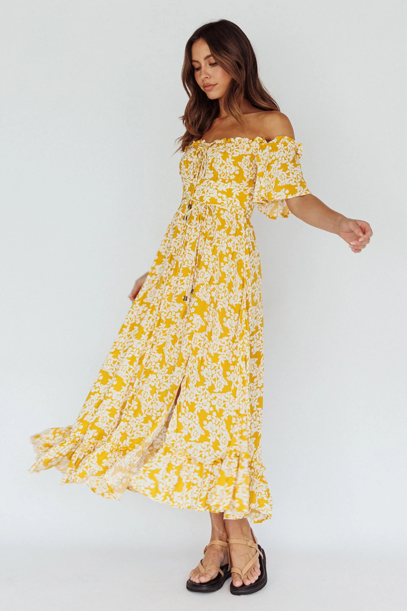 Voyager Off-Shoulder Bell Sleeve Midi Dress Floral Yellow - Image 6