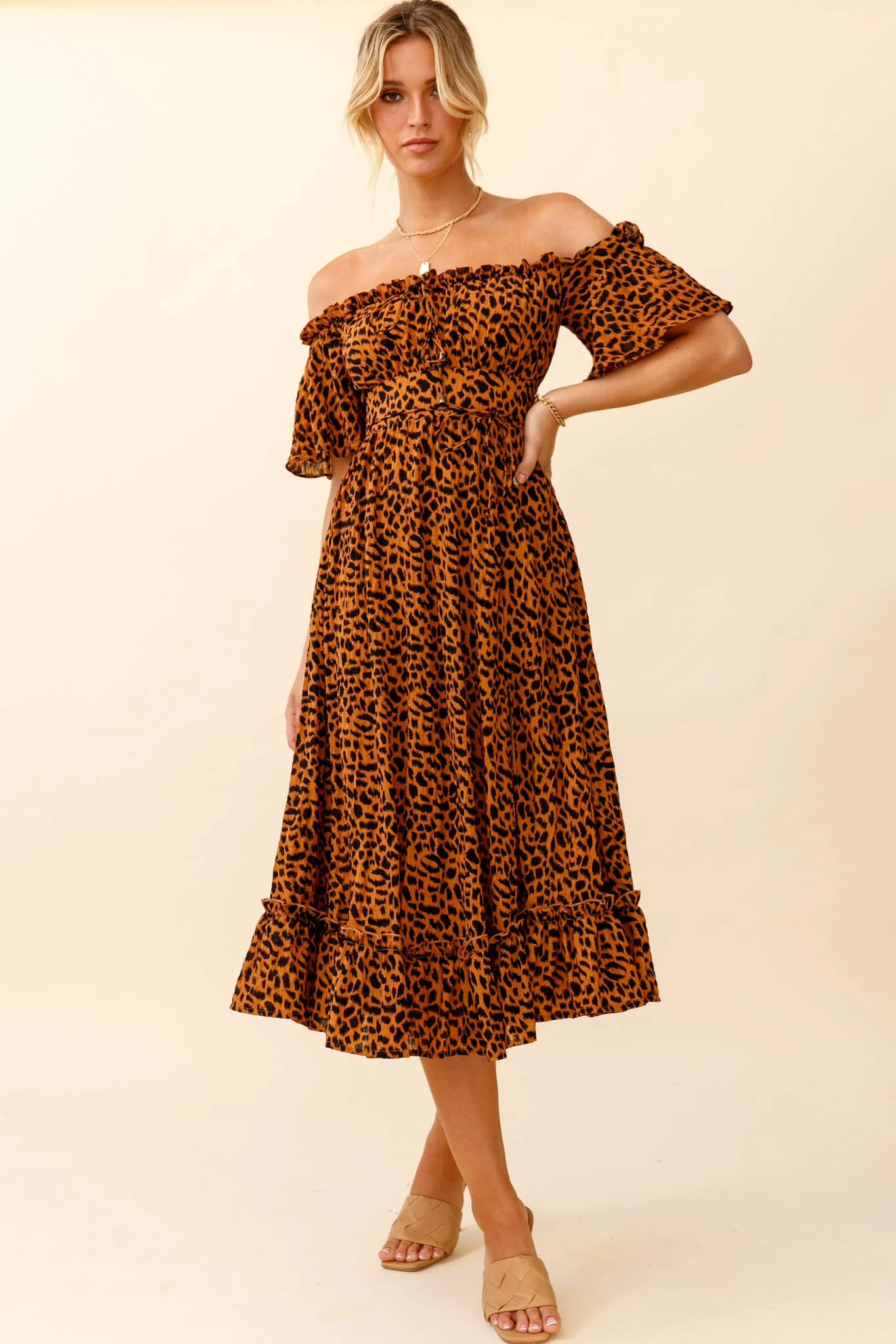 Voyager Off-Shoulder Bell Sleeve Midi Dress Leopard Print Brown - Image 3