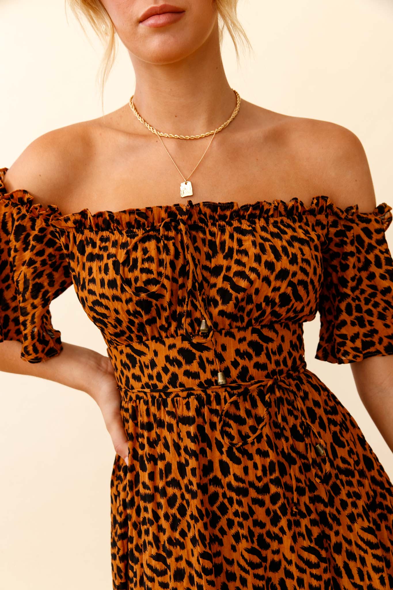Voyager Off-Shoulder Bell Sleeve Midi Dress Leopard Print Brown - Image 4