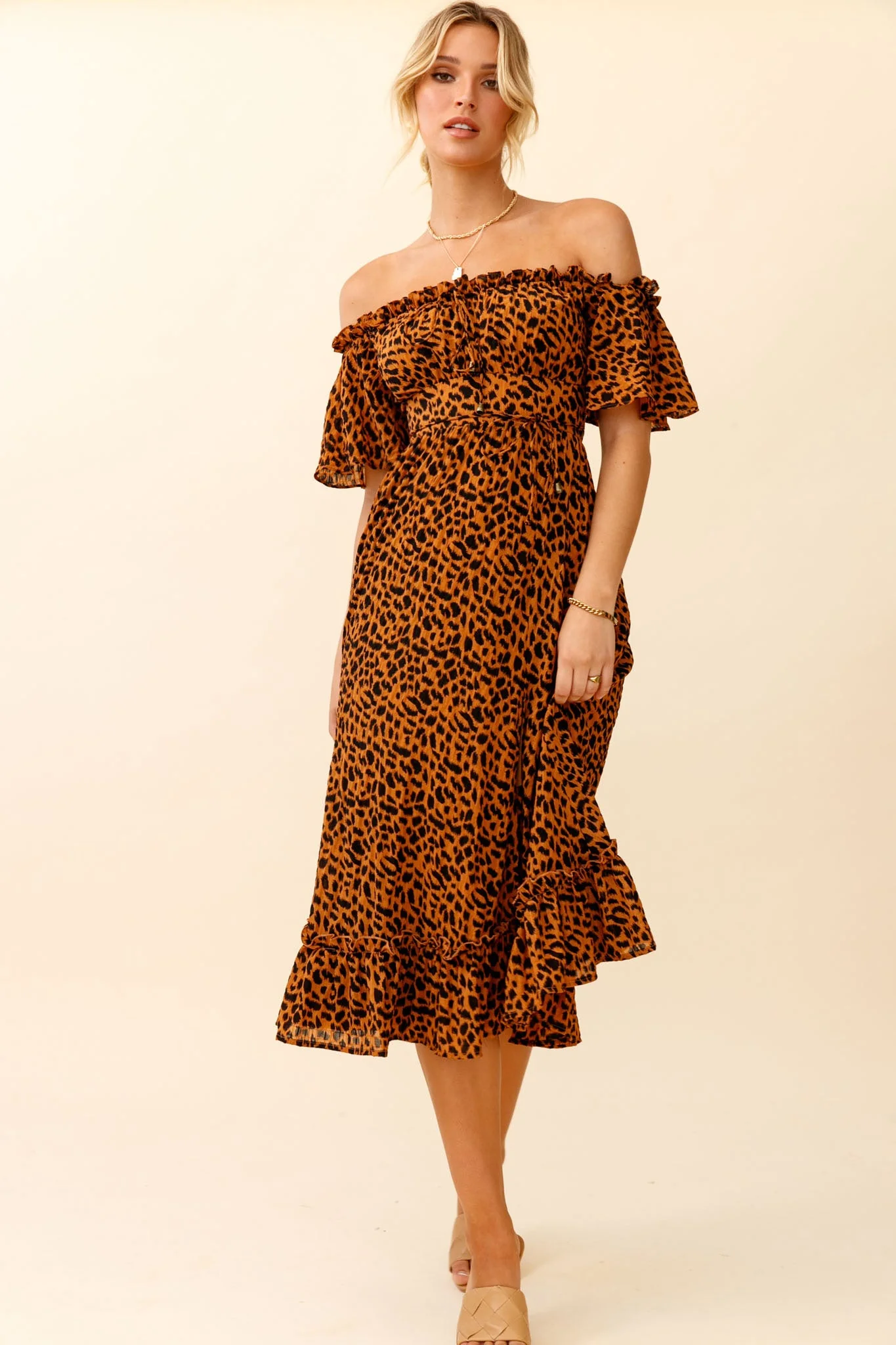 Voyager Off-Shoulder Bell Sleeve Midi Dress Leopard Print Brown - Image 7