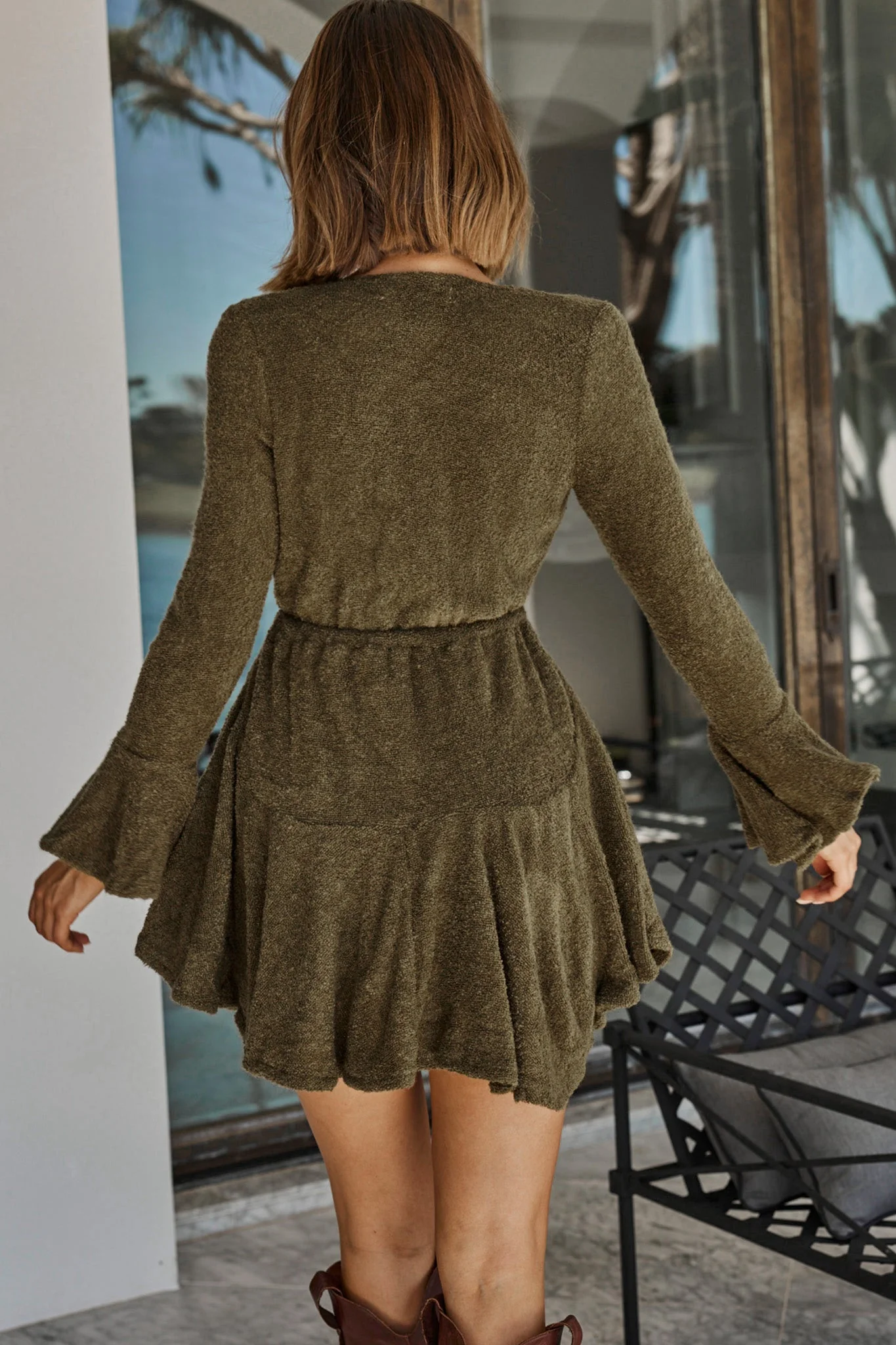 Wait For It Long Sleeve Drawstring Dress Khaki - Image 3
