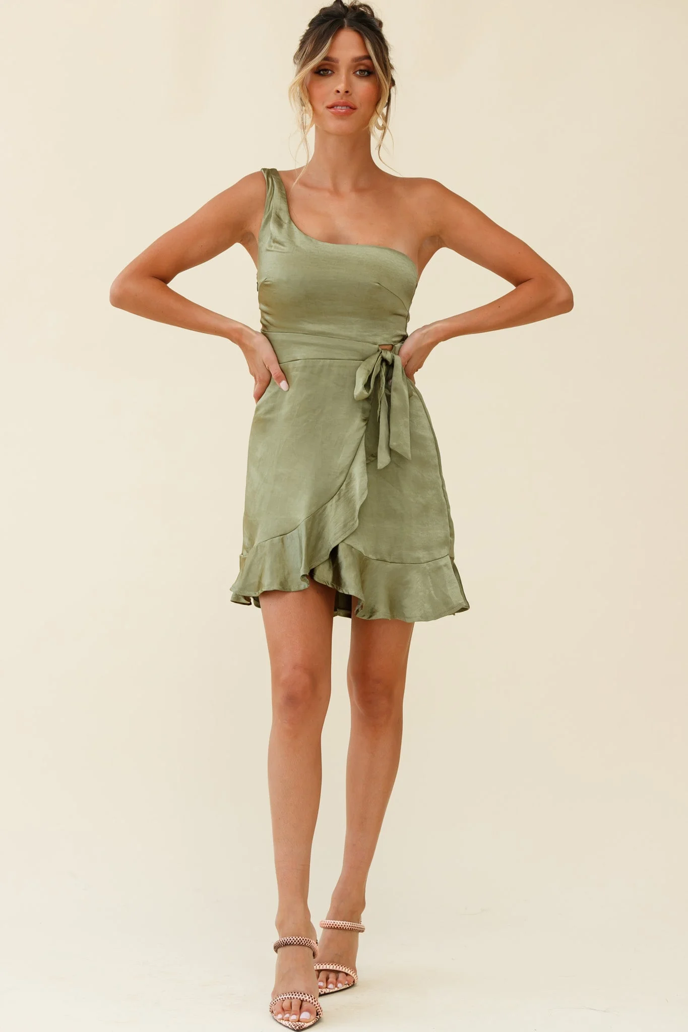 Waiting For Tonight One Shoulder Faux Wrap Dress Olive - Image 2