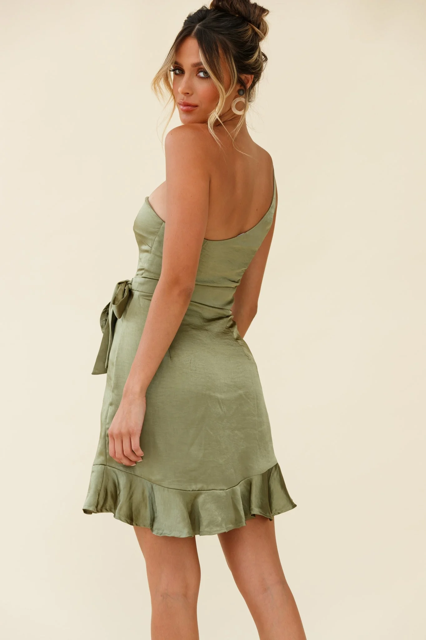 Waiting For Tonight One Shoulder Faux Wrap Dress Olive - Image 3