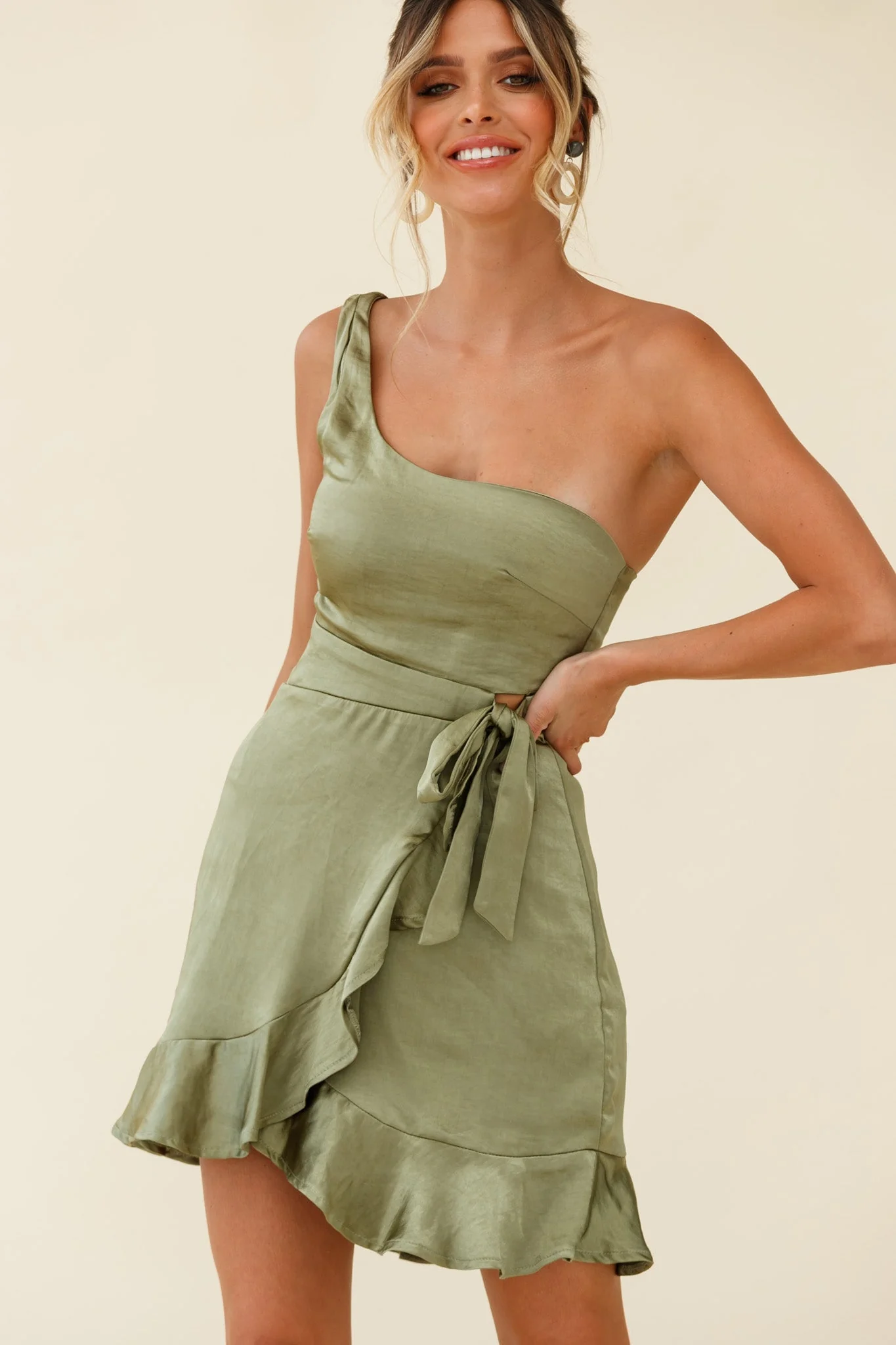 Waiting For Tonight One Shoulder Faux Wrap Dress Olive - Image 4