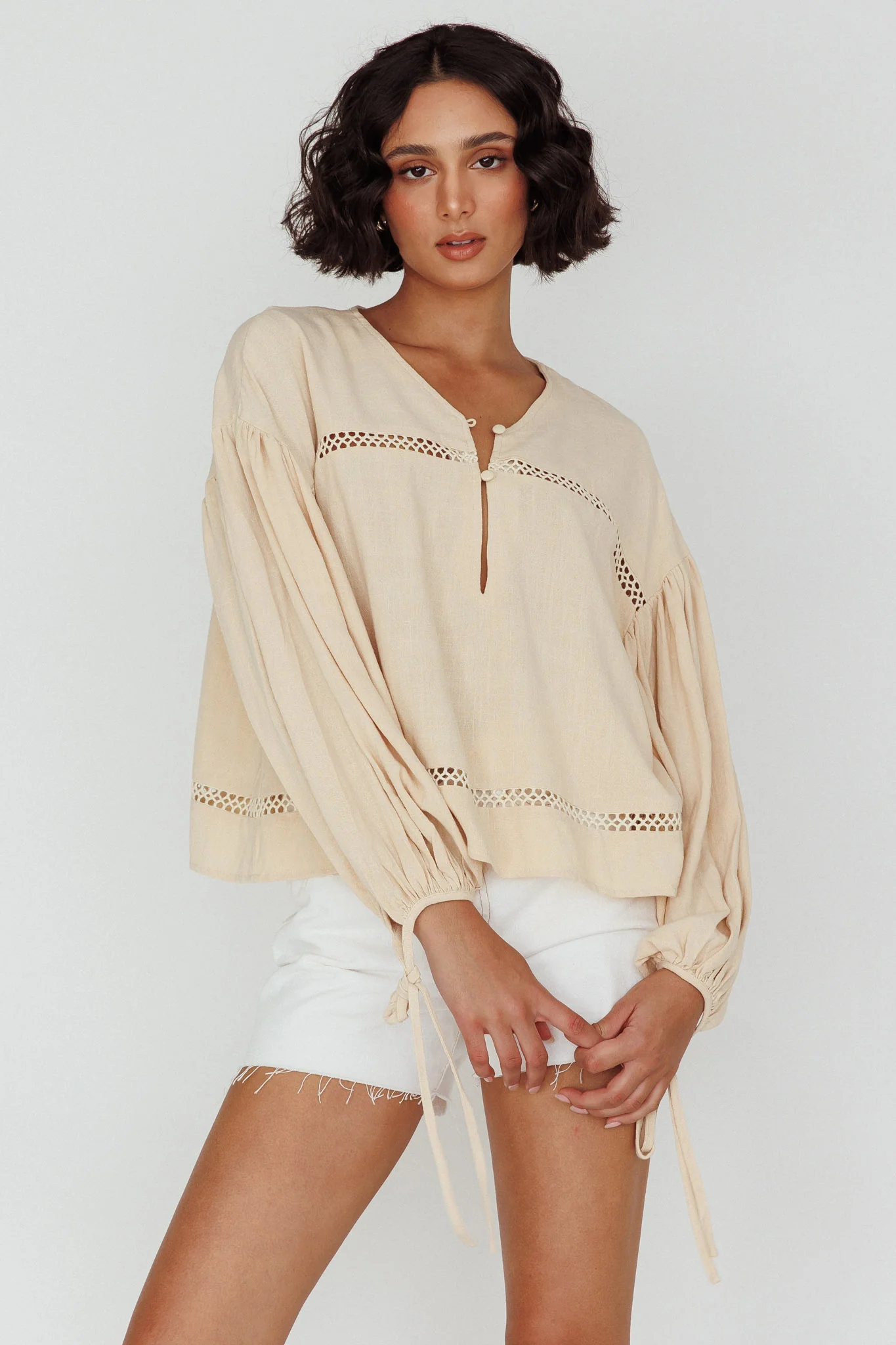 Waltz Long Sleeve Embroidery Trim Top Wheat - Image 3