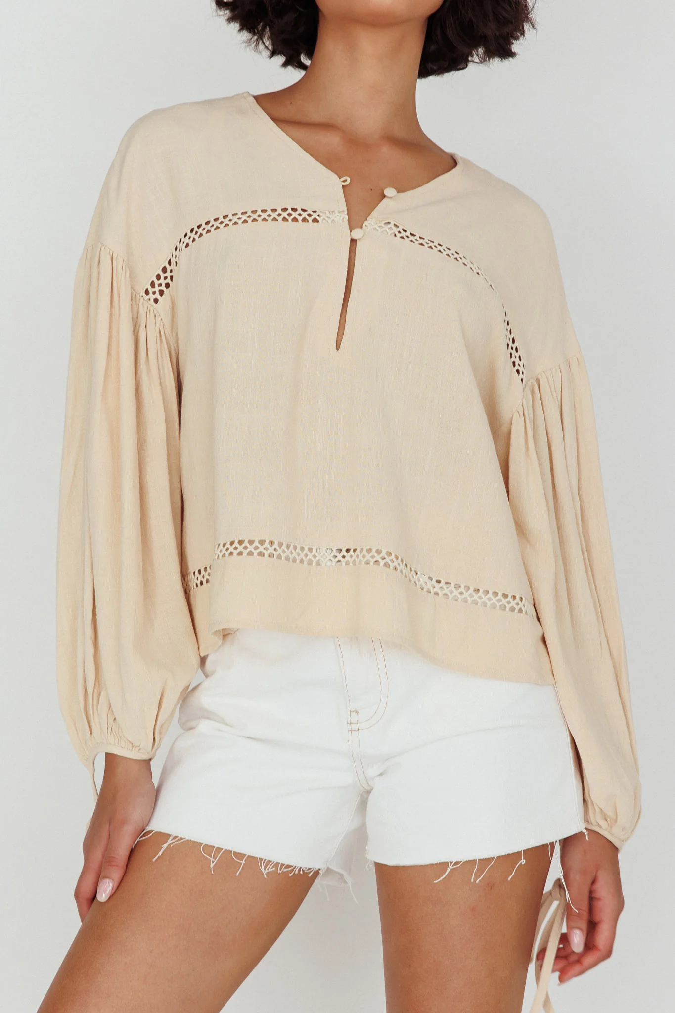 Waltz Long Sleeve Embroidery Trim Top Wheat - Image 4