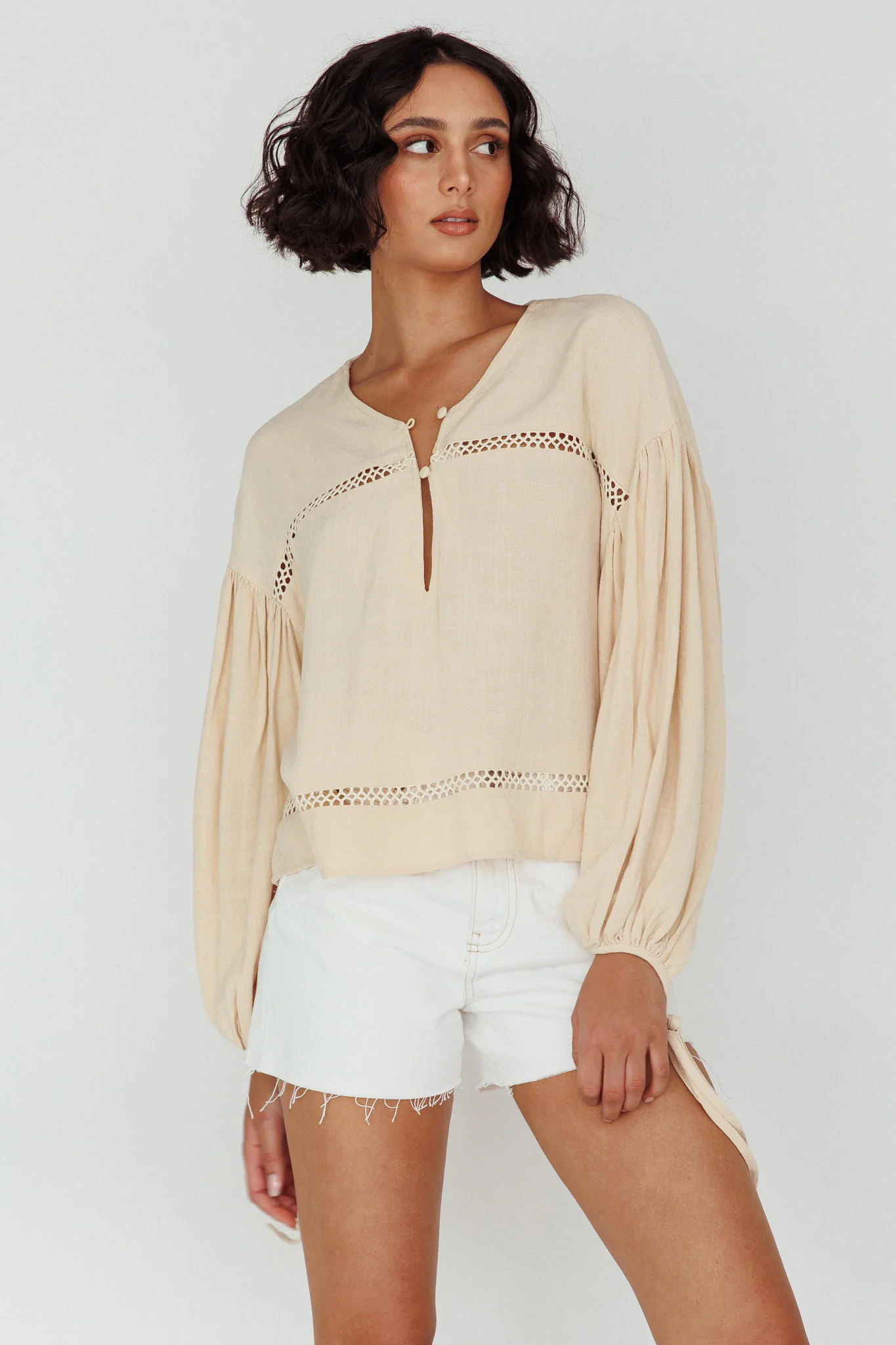 Waltz Long Sleeve Embroidery Trim Top Wheat - Image 5