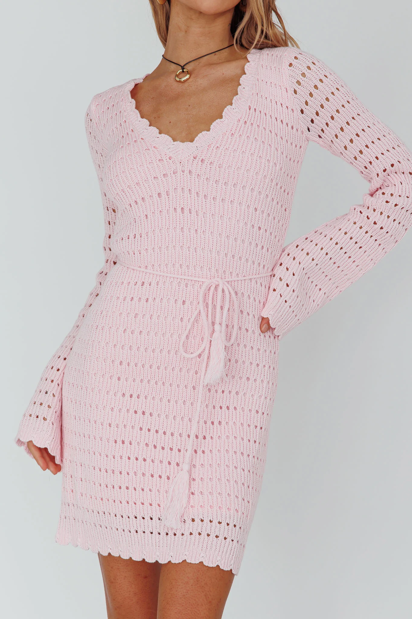 Wander Lust Long Sleeve Crochet Mini Dress Blush - Image 4