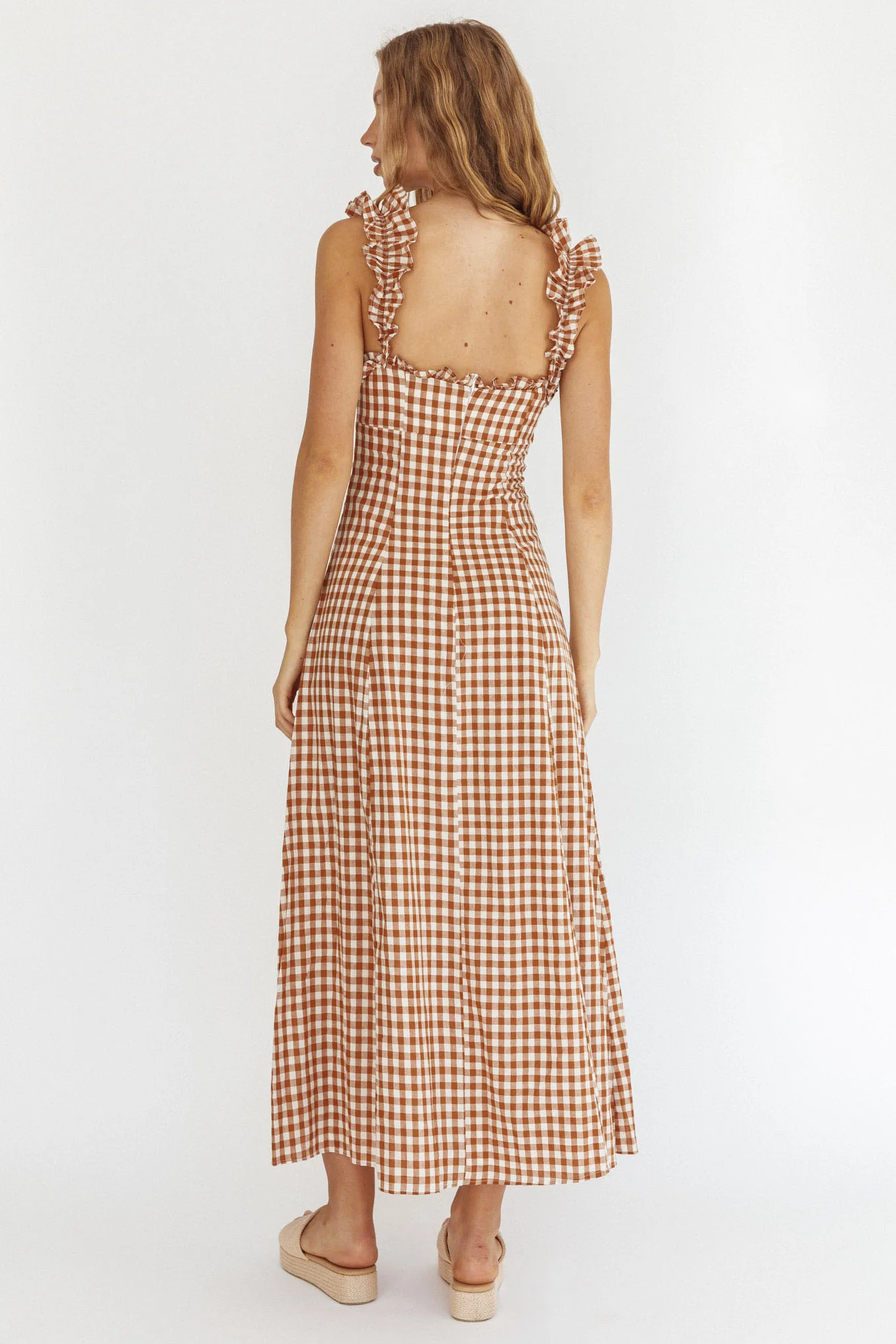 Warrior Sun Frill Strap Maxi Dress Tan Check - Image 2