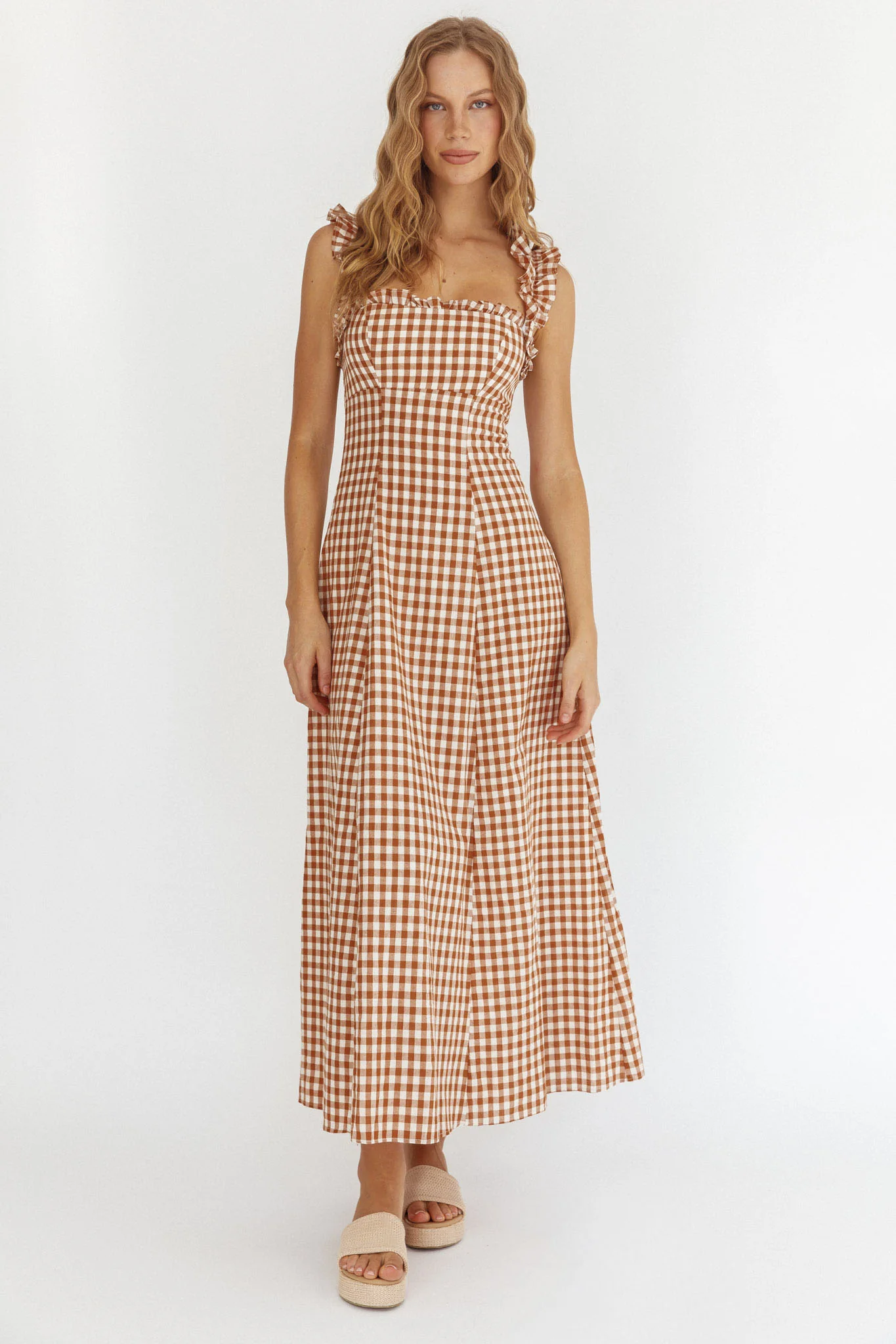 Warrior Sun Frill Strap Maxi Dress Tan Check - Image 4