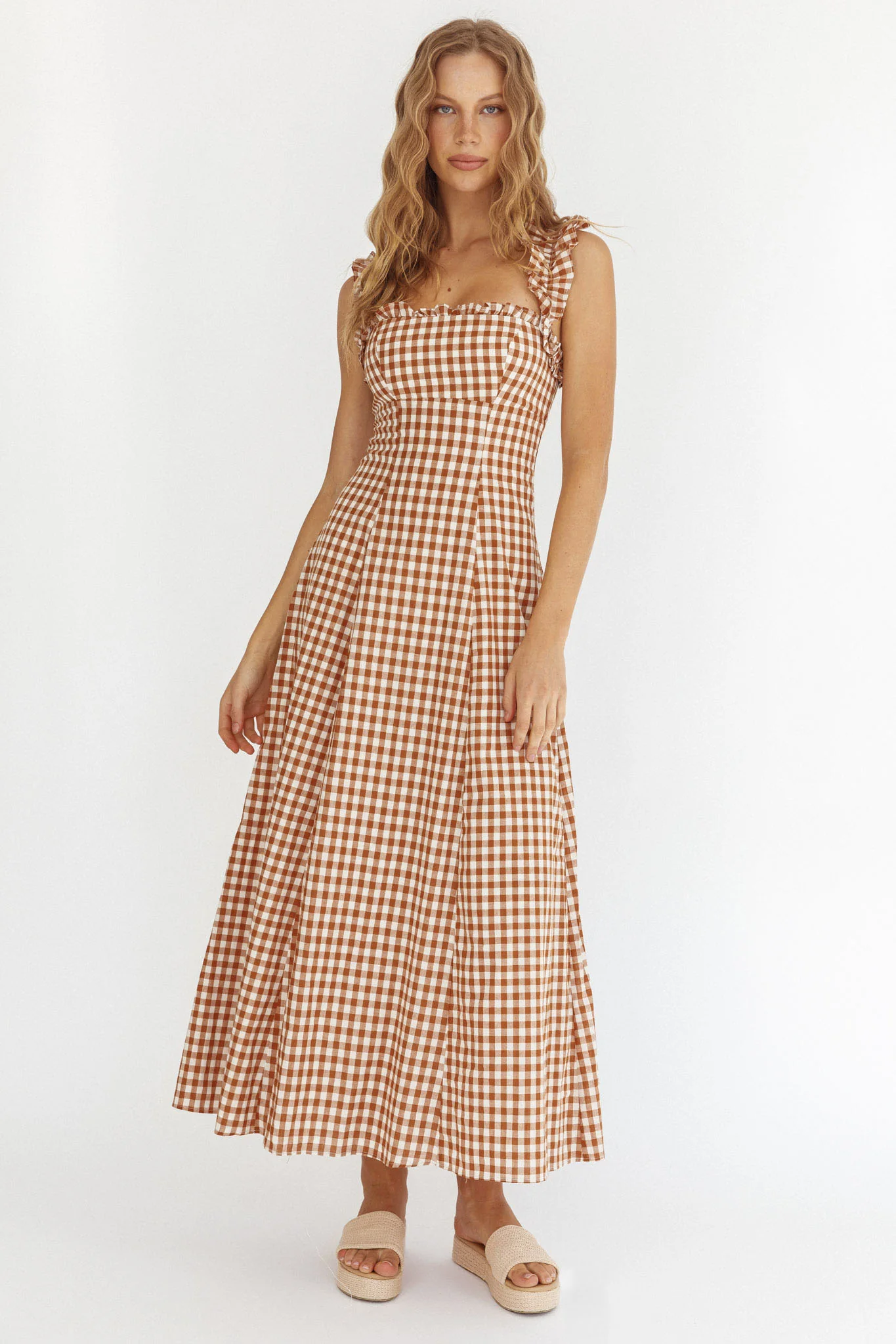Warrior Sun Frill Strap Maxi Dress Tan Check - Image 5
