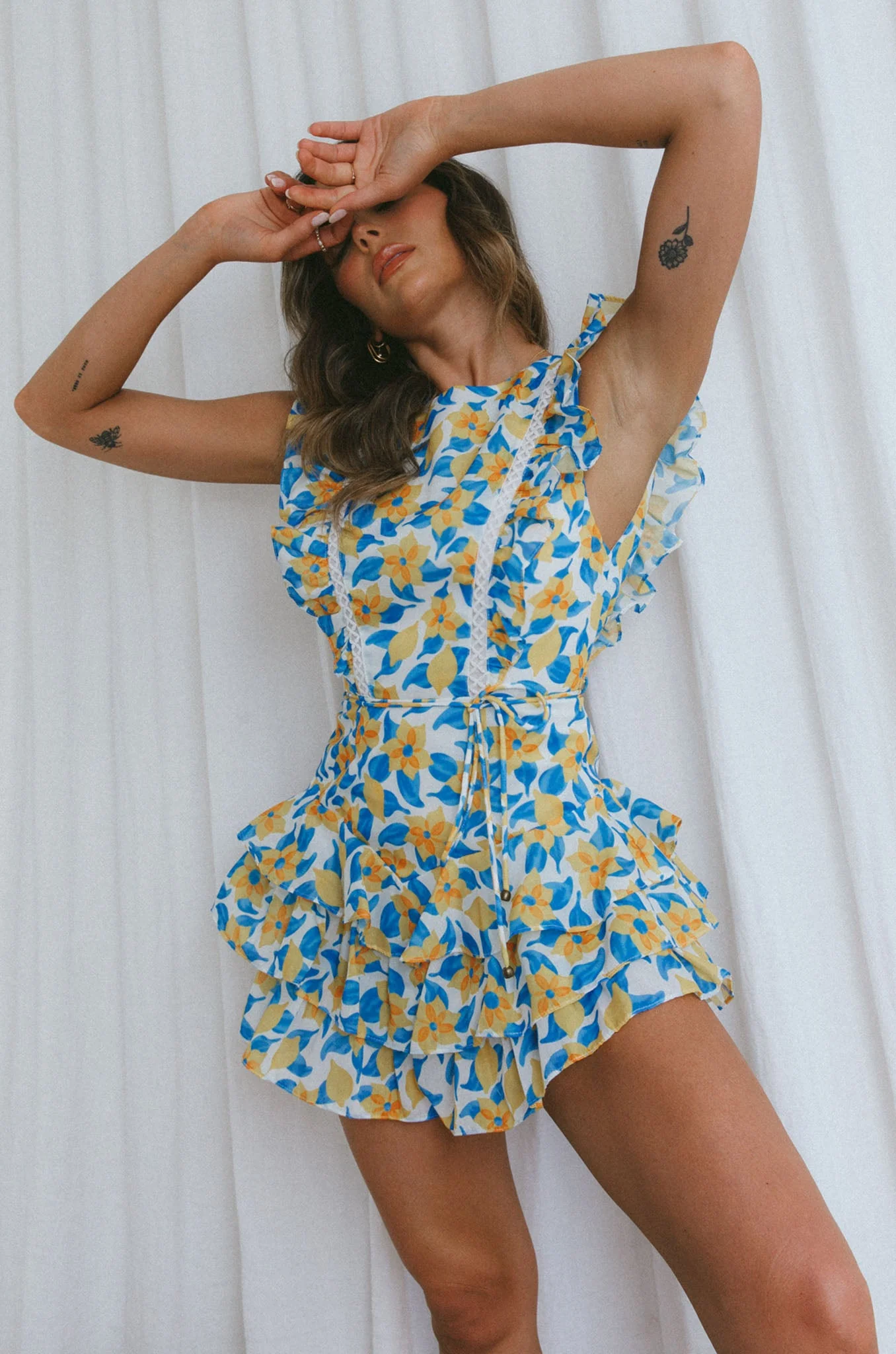 Weekend Muse Sleeveless Layered Frill Romper Floral White - Image 8