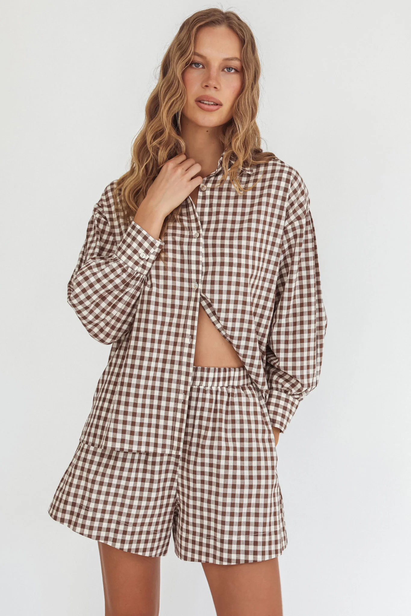 Weekends Away Elastic Waist Shorts Brown Check