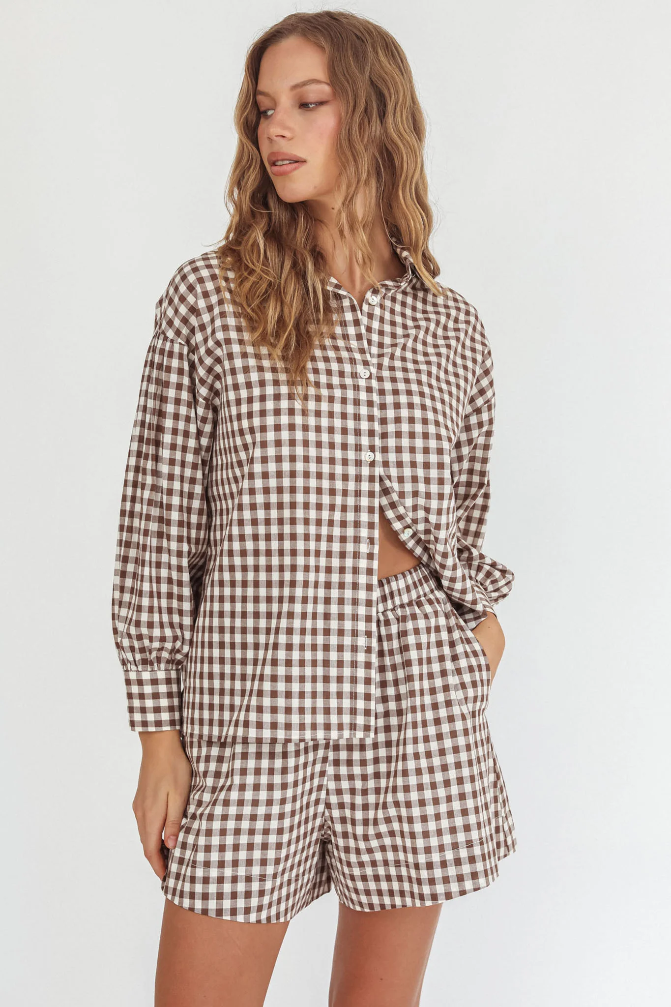 Weekends Away Elastic Waist Shorts Brown Check - Image 5