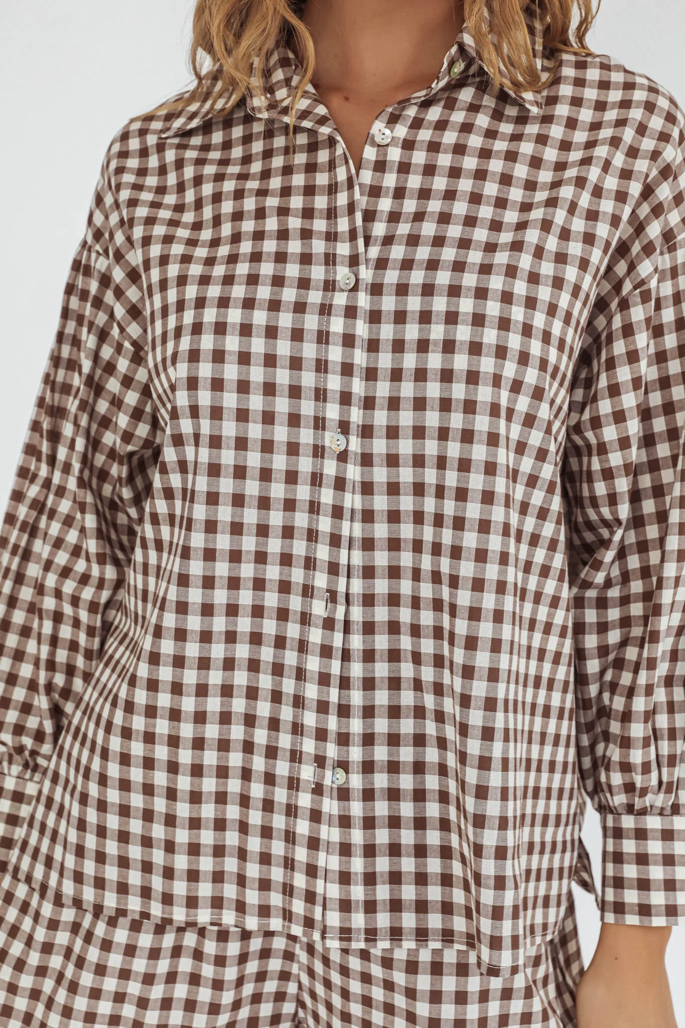 Weekends Away Long Sleeve Button Top Brown Check - Image 3