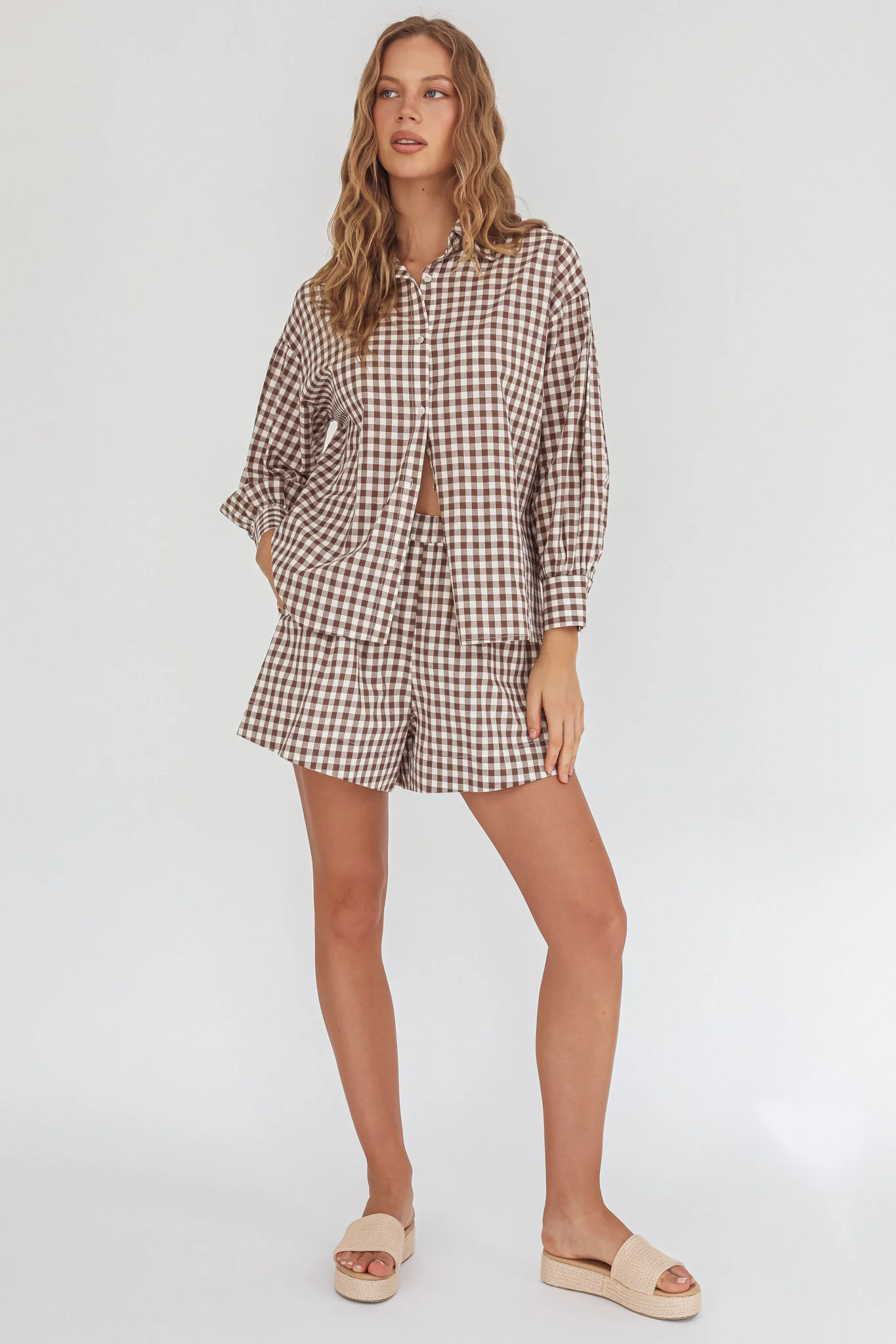 Weekends Away Long Sleeve Button Top Brown Check - Image 4