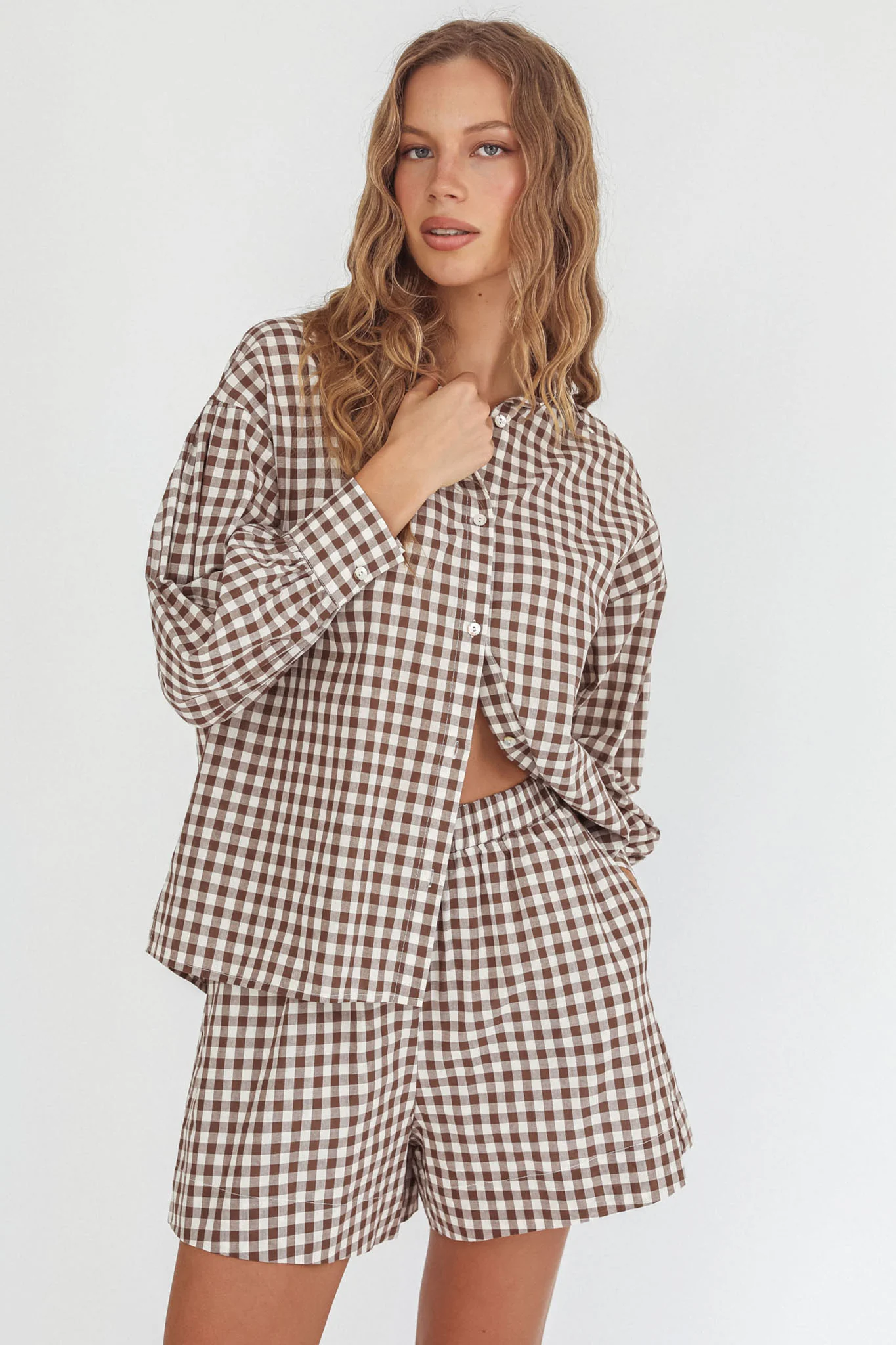 Weekends Away Long Sleeve Button Top Brown Check - Image 5