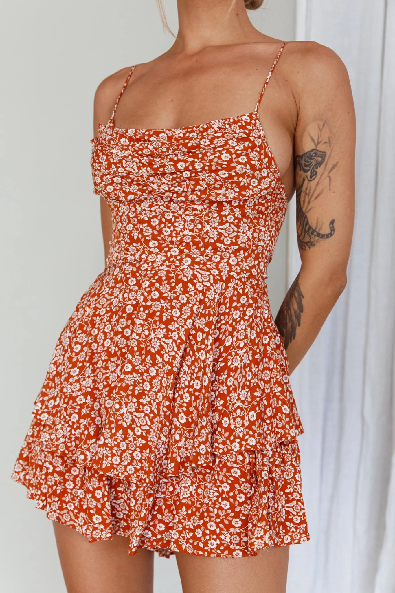 Well Versed Cowl Neck Flounce Romper Floral Orange - Image 4