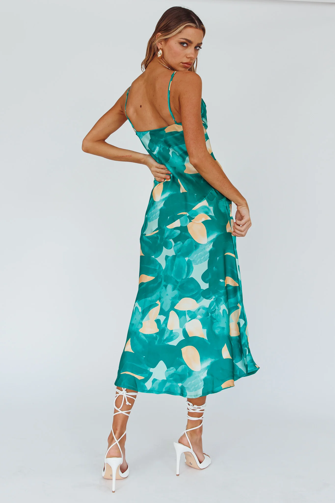 Well Versed Pleated Bust Front Split Dress Flora Green - Image 2