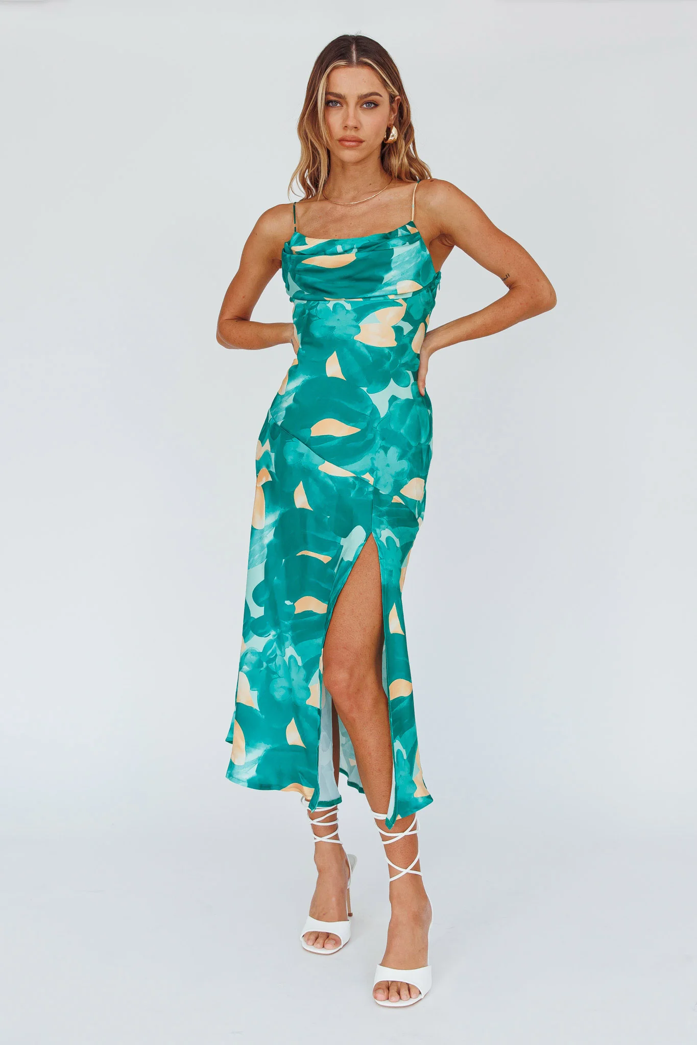 Well Versed Pleated Bust Front Split Dress Flora Green - Image 3