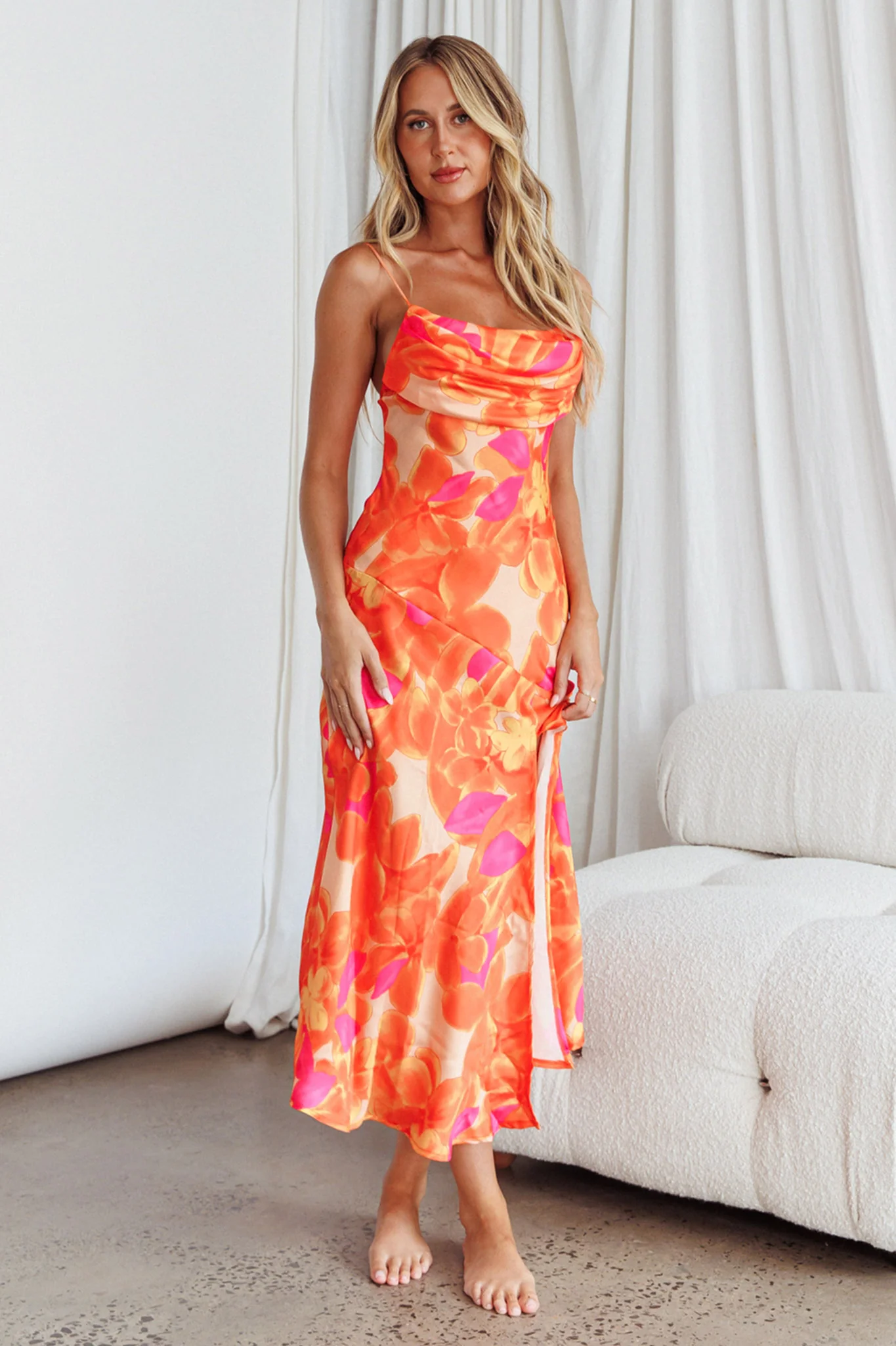 Well Versed Pleated Bust Front Split Dress Flora Orange - Image 7