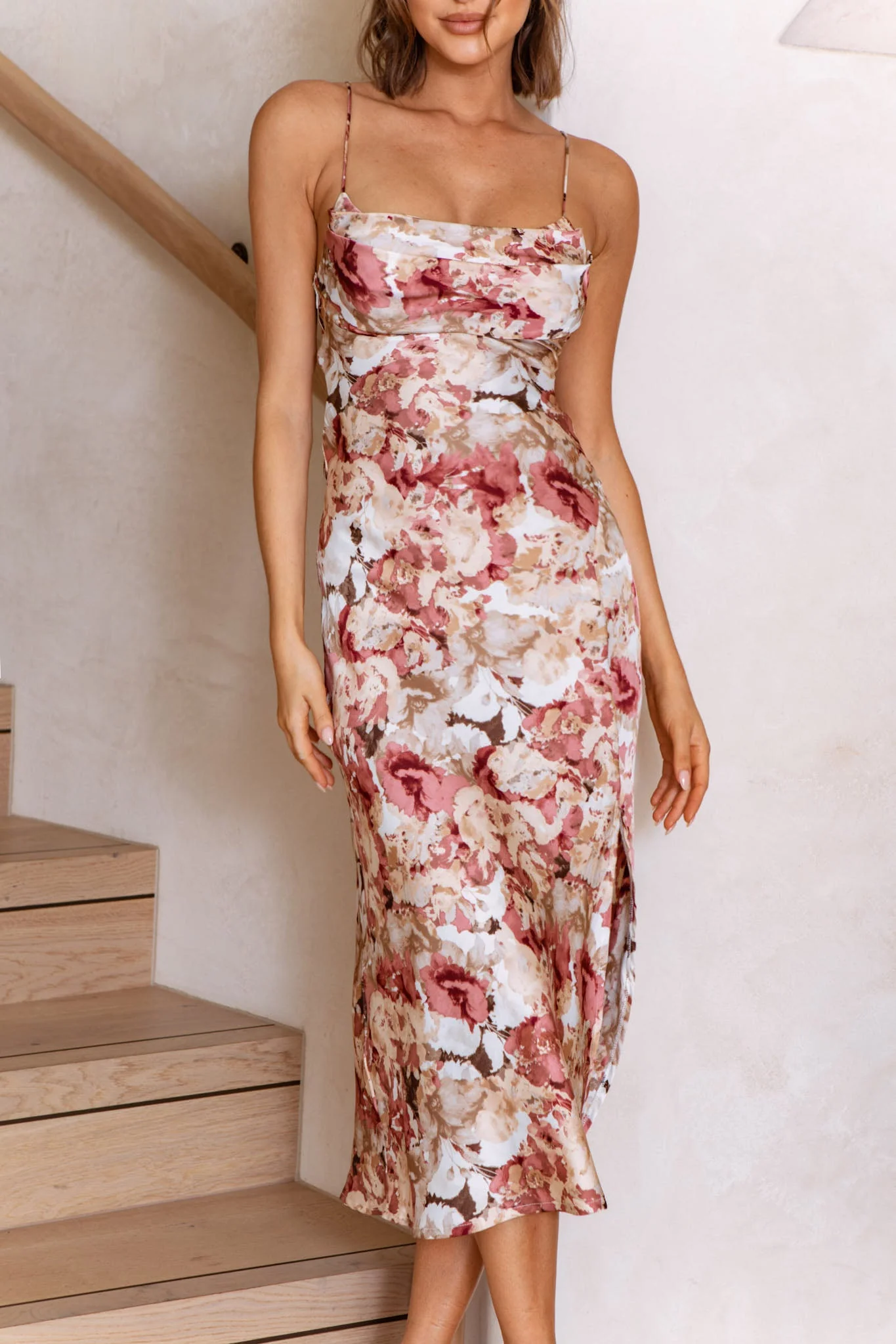 Well Versed Pleated Bust Front Split Dress Floral Abstract Print Rose - Image 4