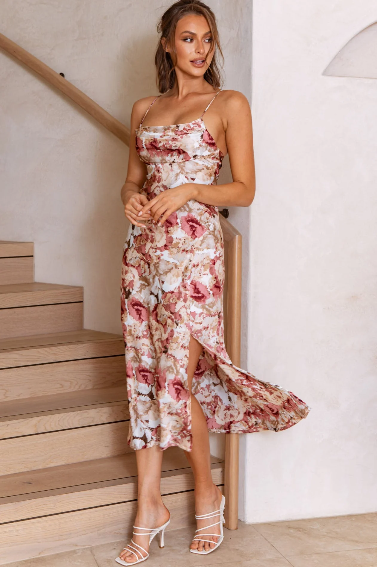 Well Versed Pleated Bust Front Split Dress Floral Abstract Print Rose - Image 5