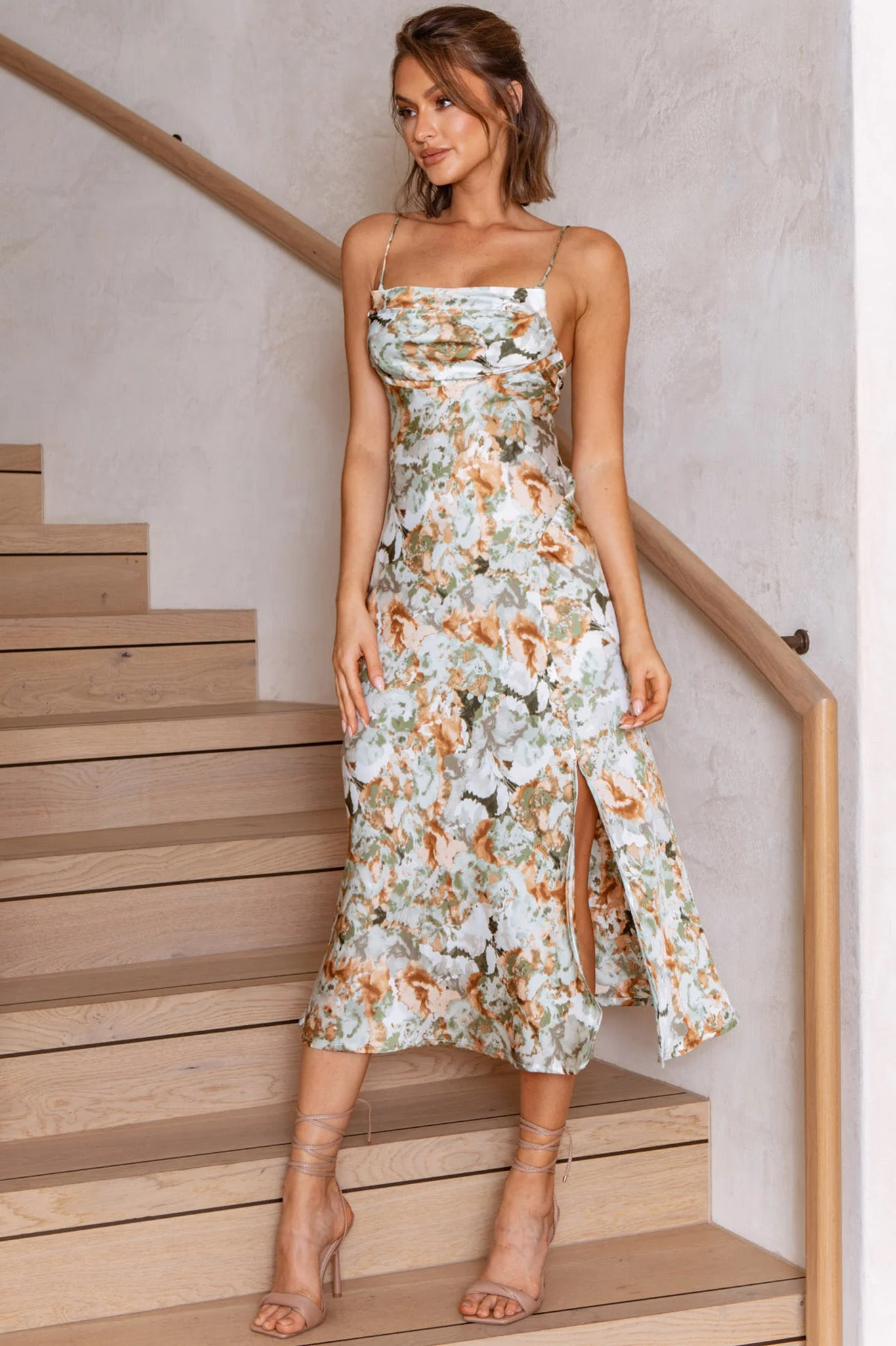 Well Versed Pleated Bust Front Split Dress Floral Abstract Print Sage - Image 3