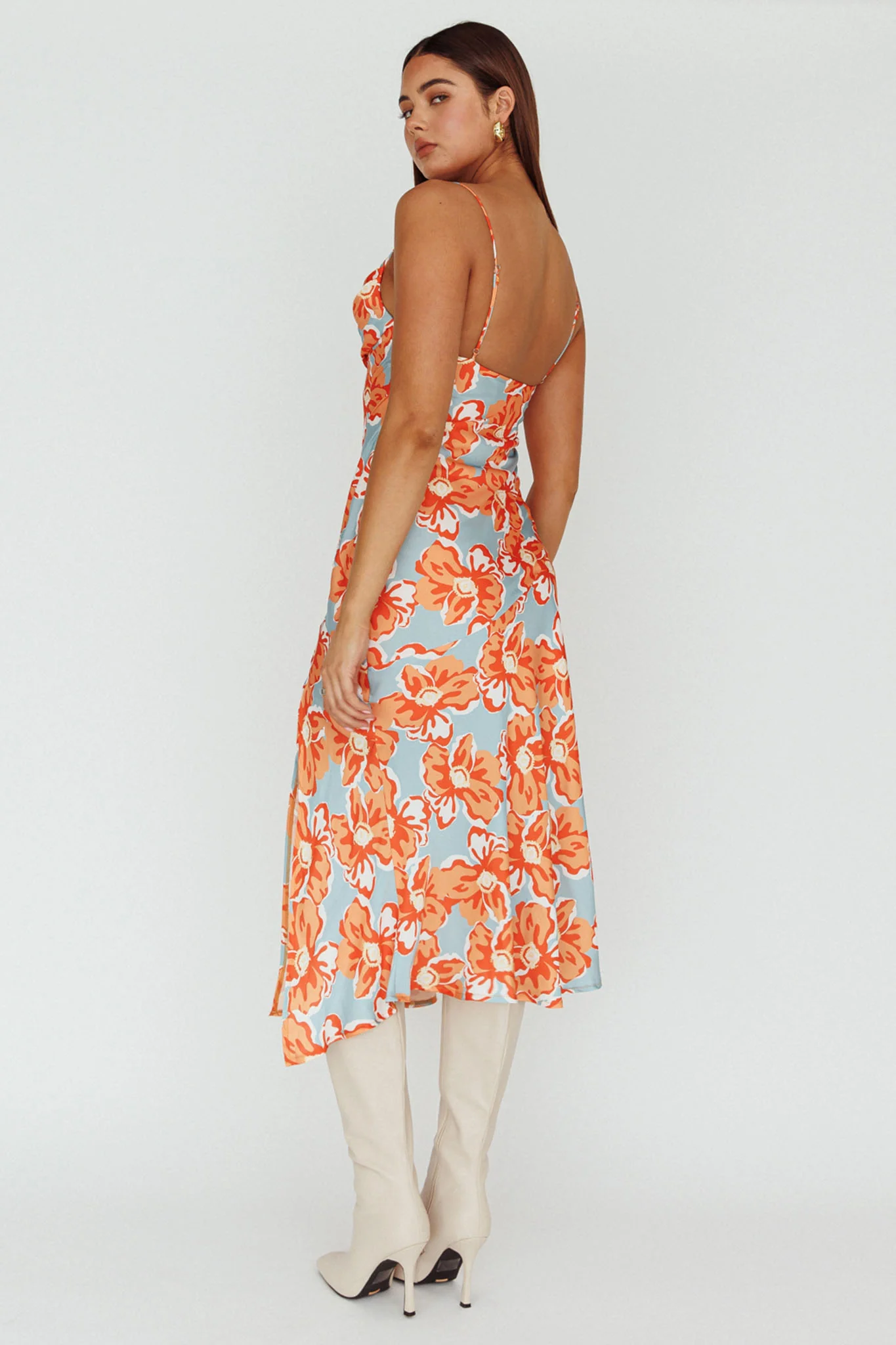 Well Versed Pleated Bust Front Split Dress Flowers Orange - Image 2