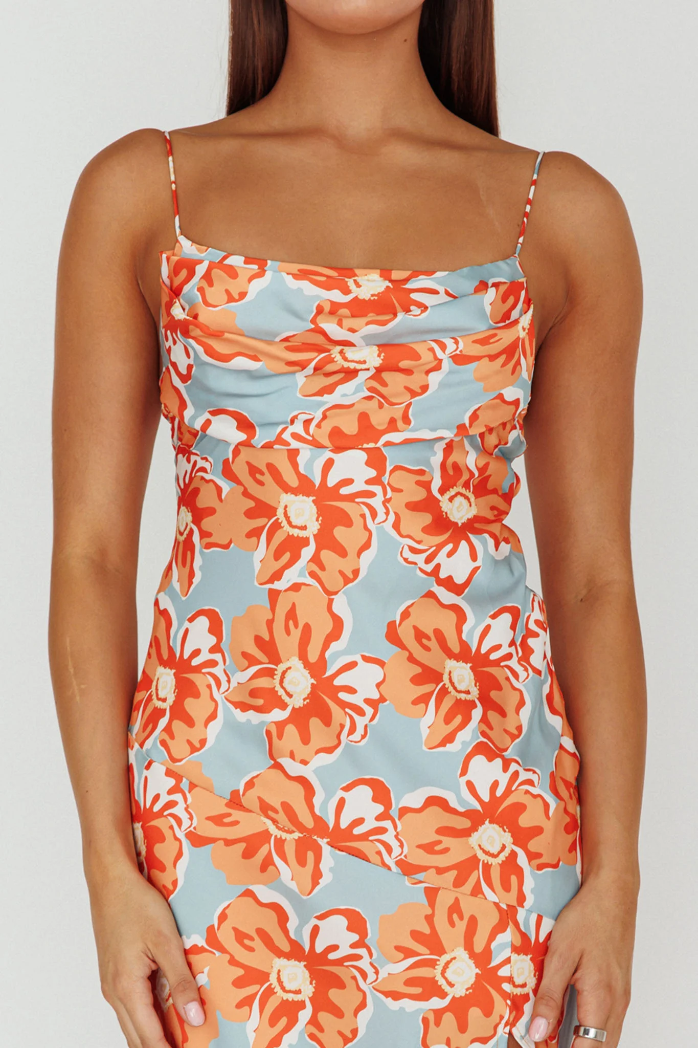 Well Versed Pleated Bust Front Split Dress Flowers Orange - Image 4
