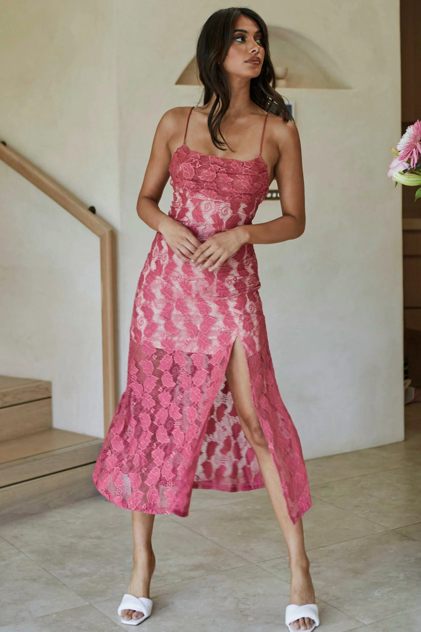 Well Versed Pleated Bust Front Split Dress Lace Rose - Image 5