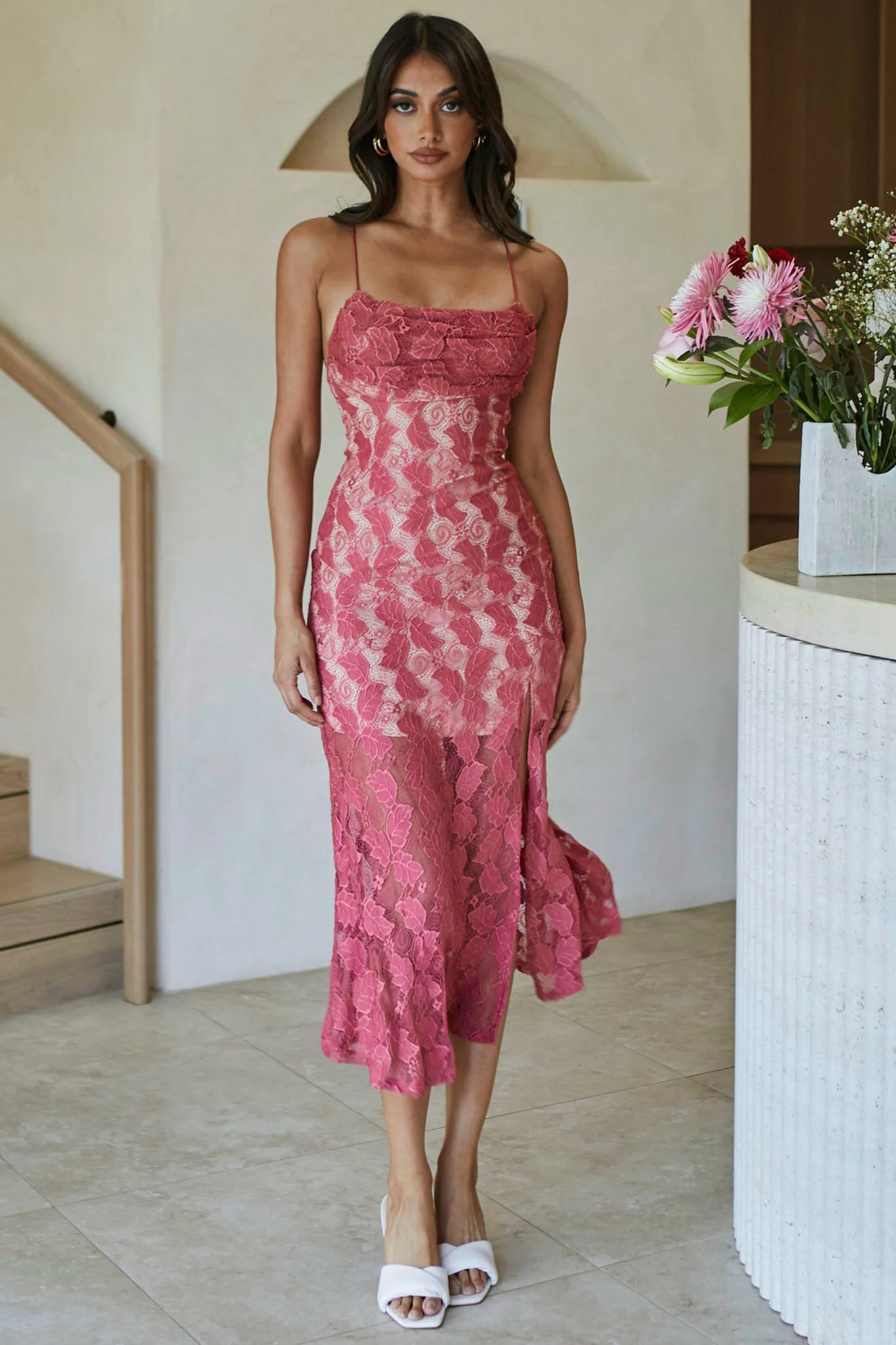 Well Versed Pleated Bust Front Split Dress Lace Rose - Image 6