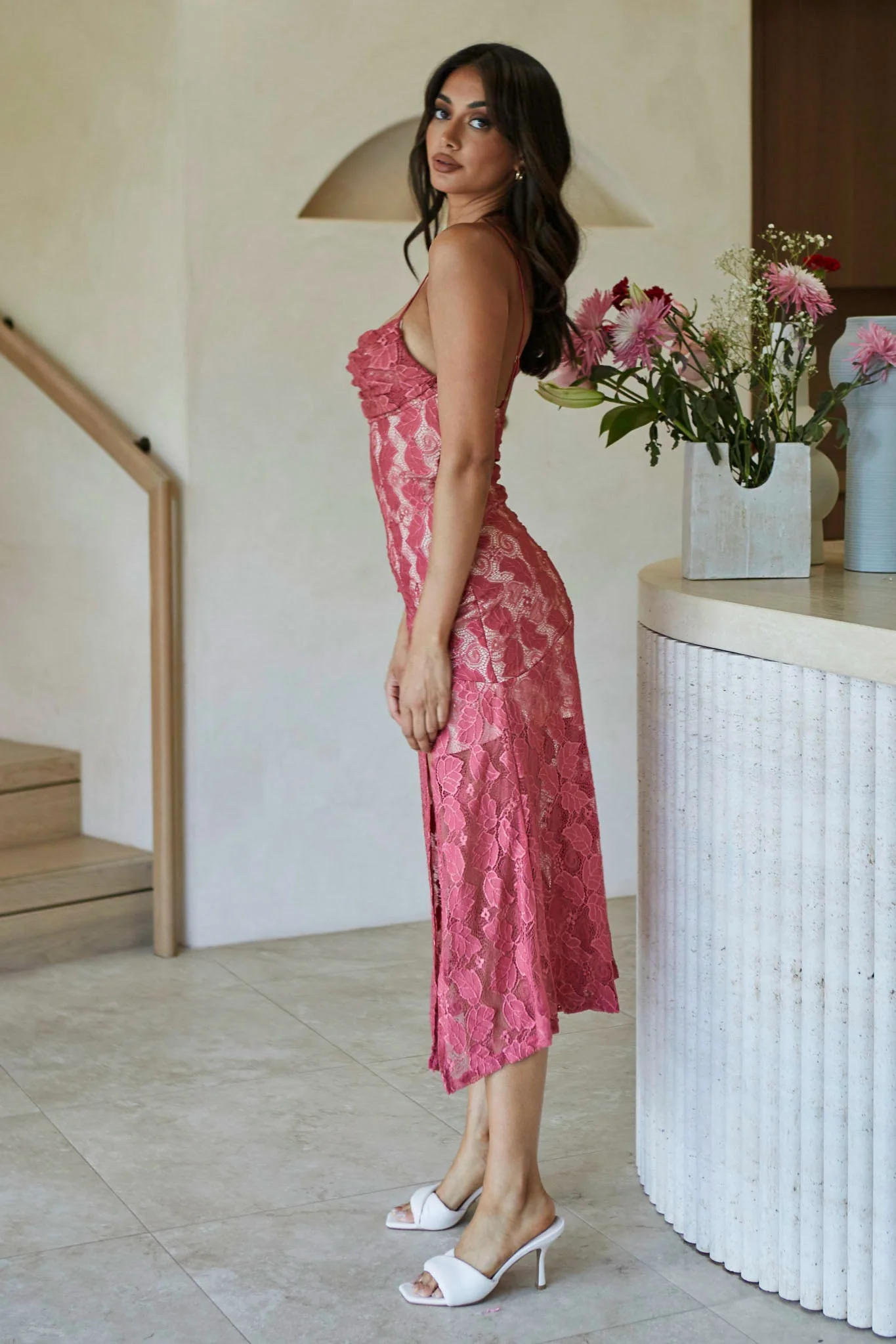 Well Versed Pleated Bust Front Split Dress Lace Rose - Image 7