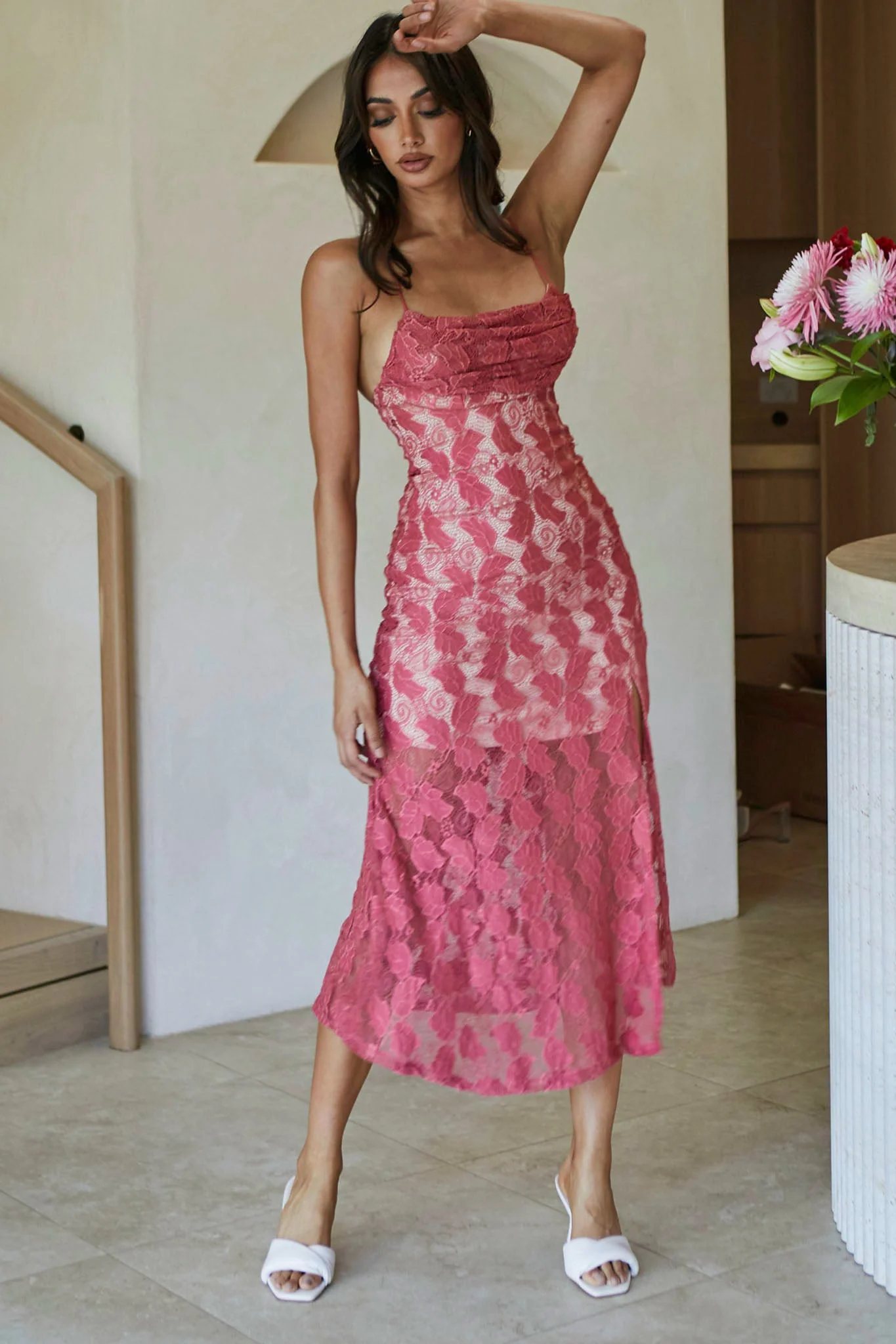 Well Versed Pleated Bust Front Split Dress Lace Rose - Image 8