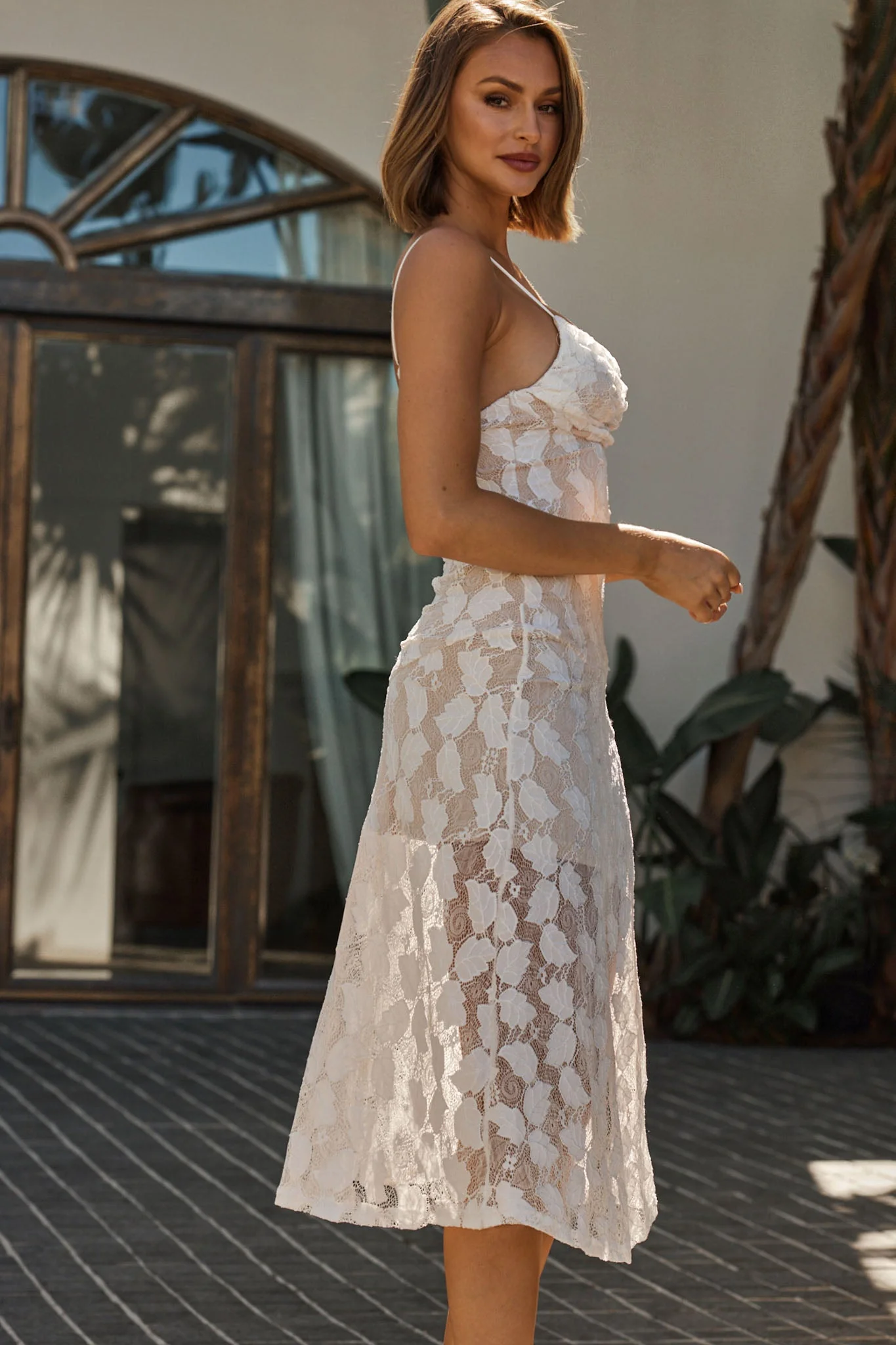 Well Versed Pleated Bust Front Split Dress Lace White - Image 5