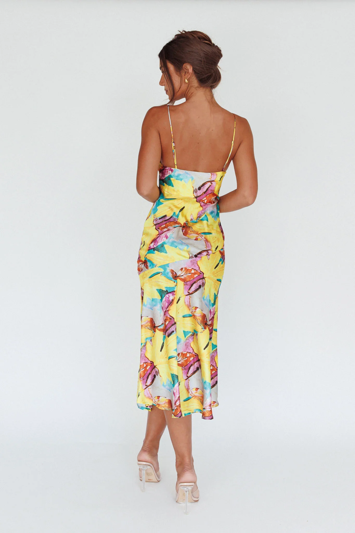 Well Versed Pleated Bust Front Split Dress Leaf Print Yellow - Image 2