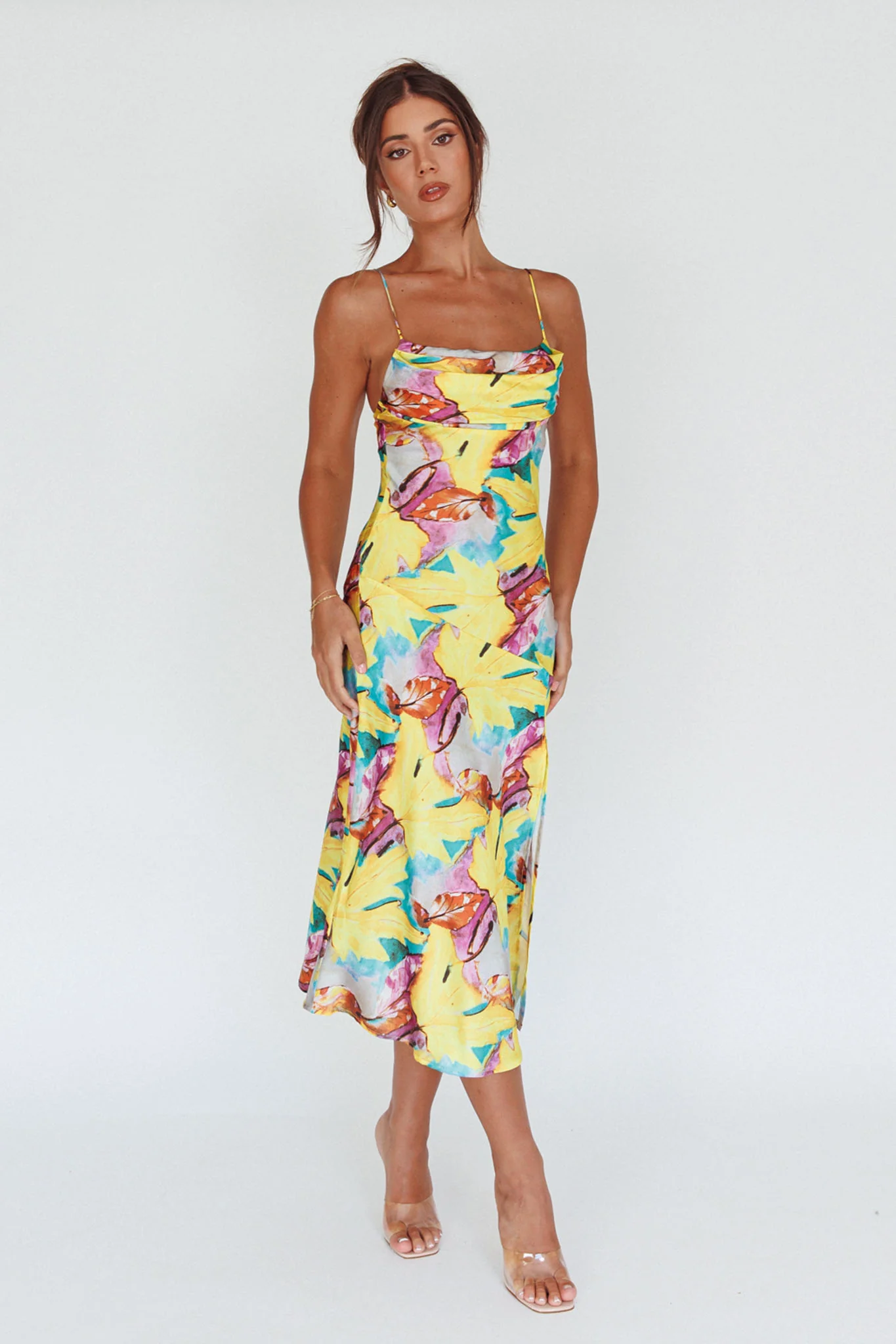 Well Versed Pleated Bust Front Split Dress Leaf Print Yellow - Image 3