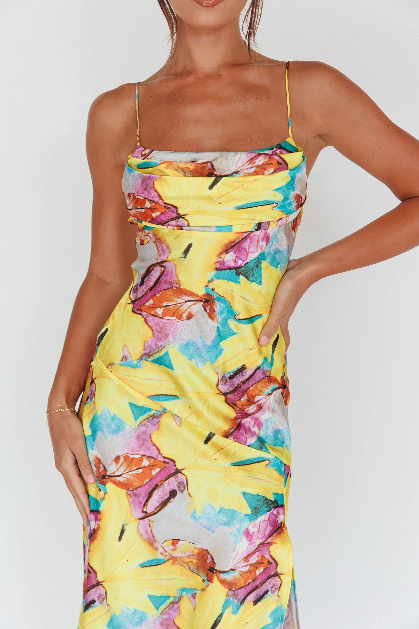 Well Versed Pleated Bust Front Split Dress Leaf Print Yellow - Image 4